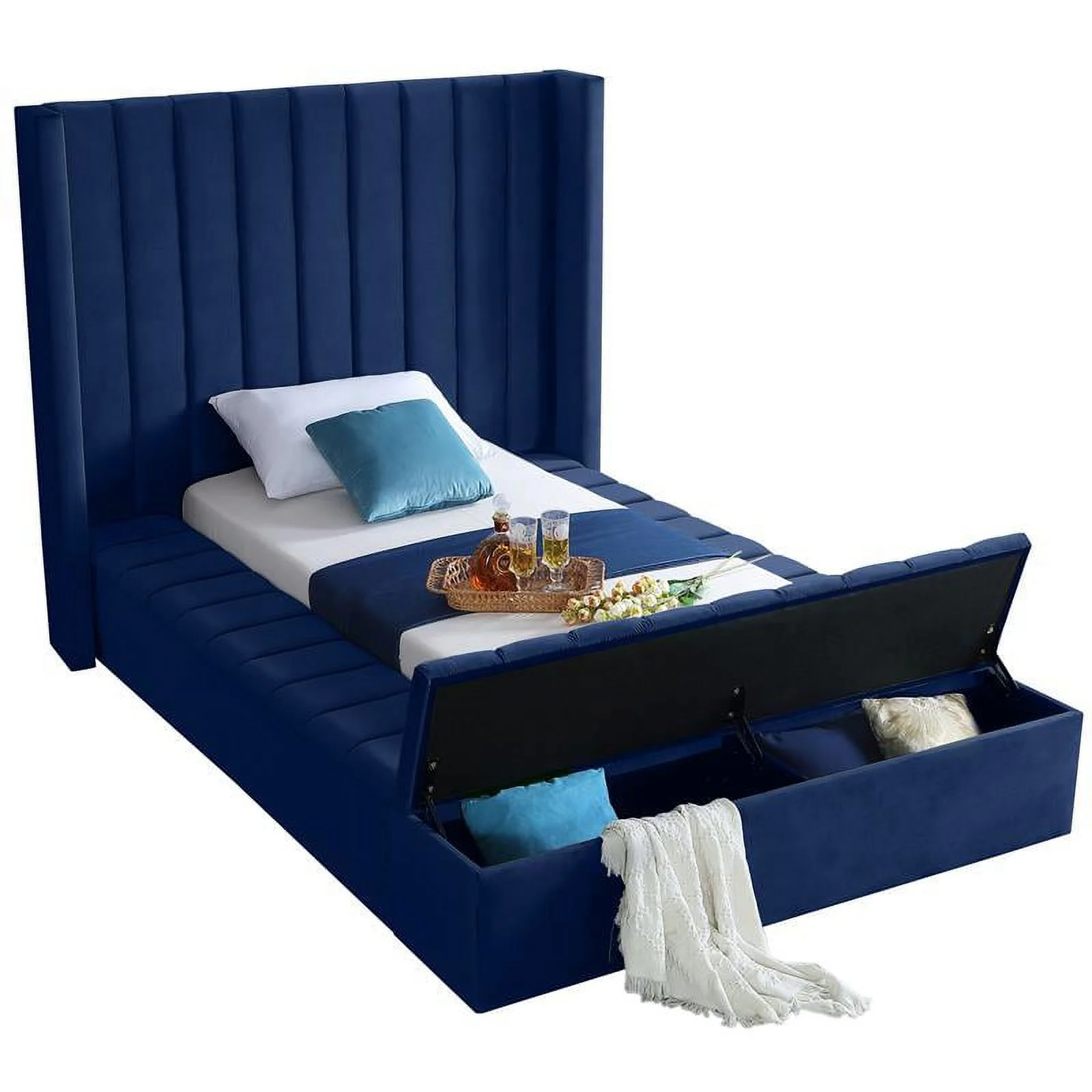 Meridian Furniture Kiki Solid Wood and Velvet Twin Bed in Navy
