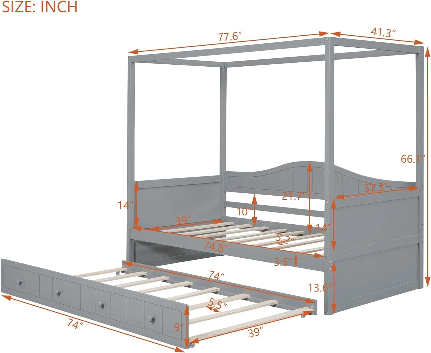 Canopy Bed With Trundle, Wooden Size Daybed Frame, Sofa Bed, Platform Bed Frame For Kids, Teens, Adults, No Box Spring Required, Gray