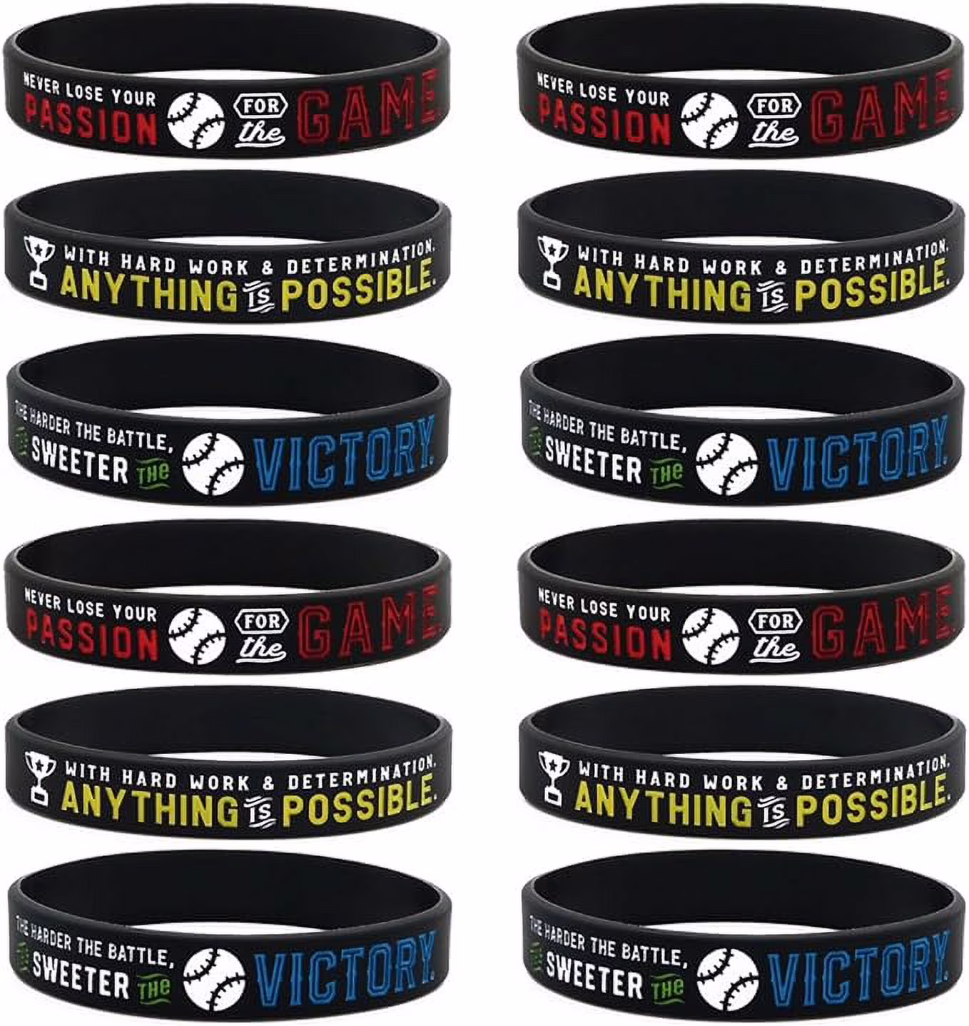 Inkstone (12-pack Baseball Motivational Silicone Bracelets - Wholesale Bulk Baseball Jewelry, Sports Gifts, Party Favors and Supplies