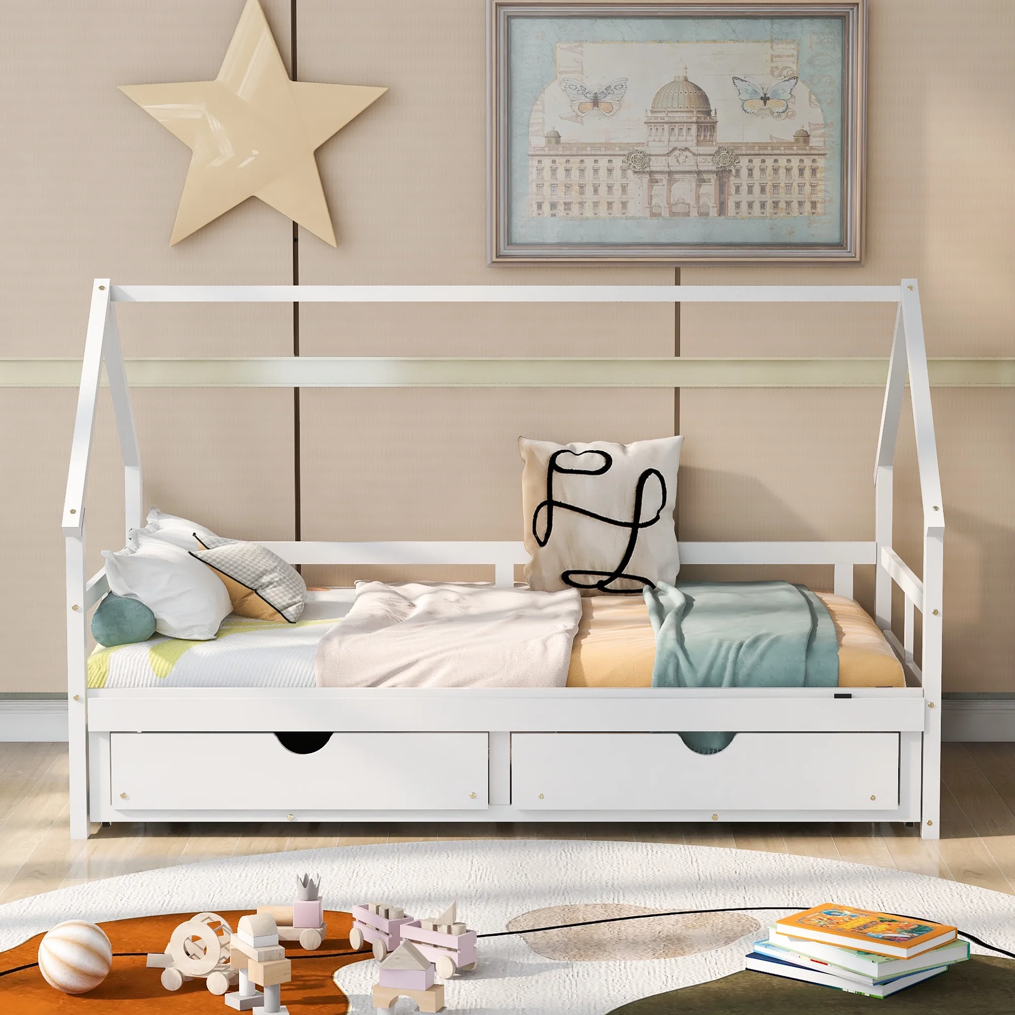 Sturdy Daybed Twin Bed with Trundle Frame Set with 2 Drawers, Solid Wooden Twin to king Sofa Bed with Built-In Smoothly Casters for Guest Bedroom (White)