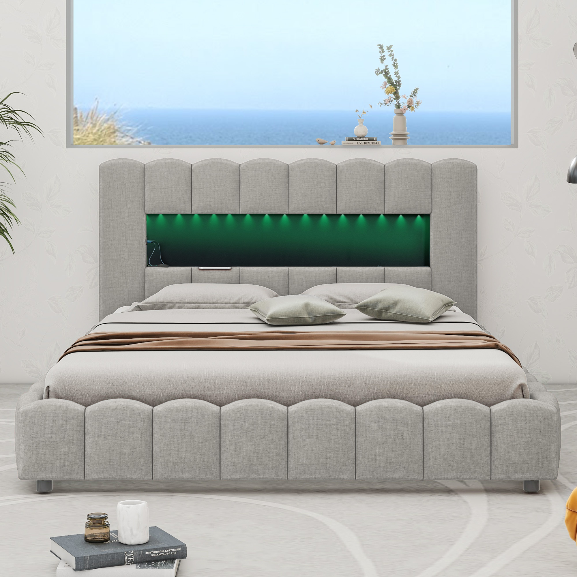 Nestfair Beige Queen Size Upholstered Platform Bed with LED Headboard and USB