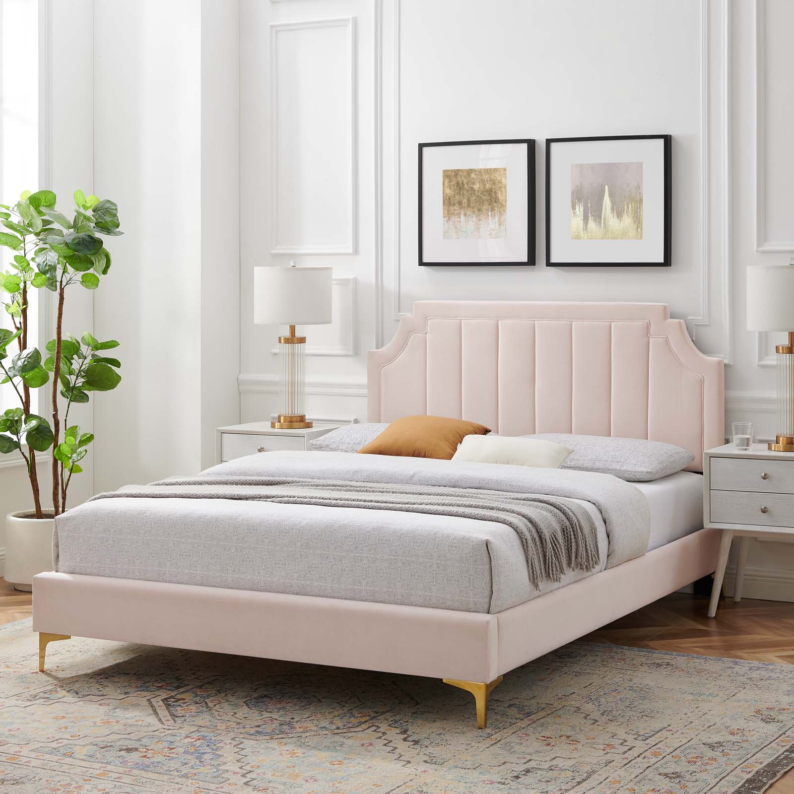 Modway Sienna Performance Velvet Queen Platform Bed in Pink