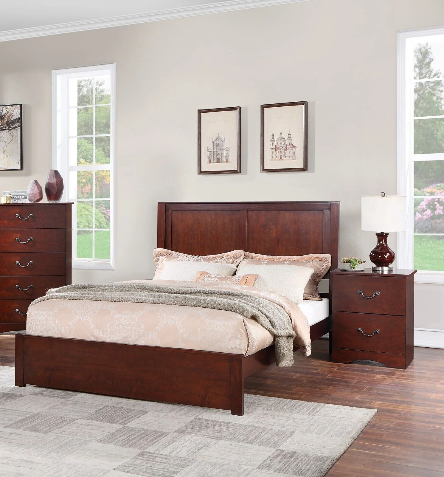Brown Finish Chic Design 3pc Queen Size Bed Set Bedroom Furniture 2x Nightstands Wooden Headboard Footboard