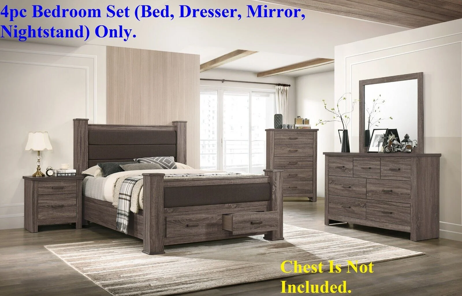 Transitional Elegant Wooden 4pc Bedroom Set Queen Size Bed w Drawers Dresser Mirror Nightstand Bedroom Furniture