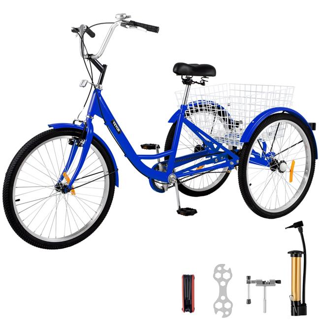 Vevor  24 in. 1-Speed 3 Wheel Blue Exercise Adult Tricycle with Large Basket