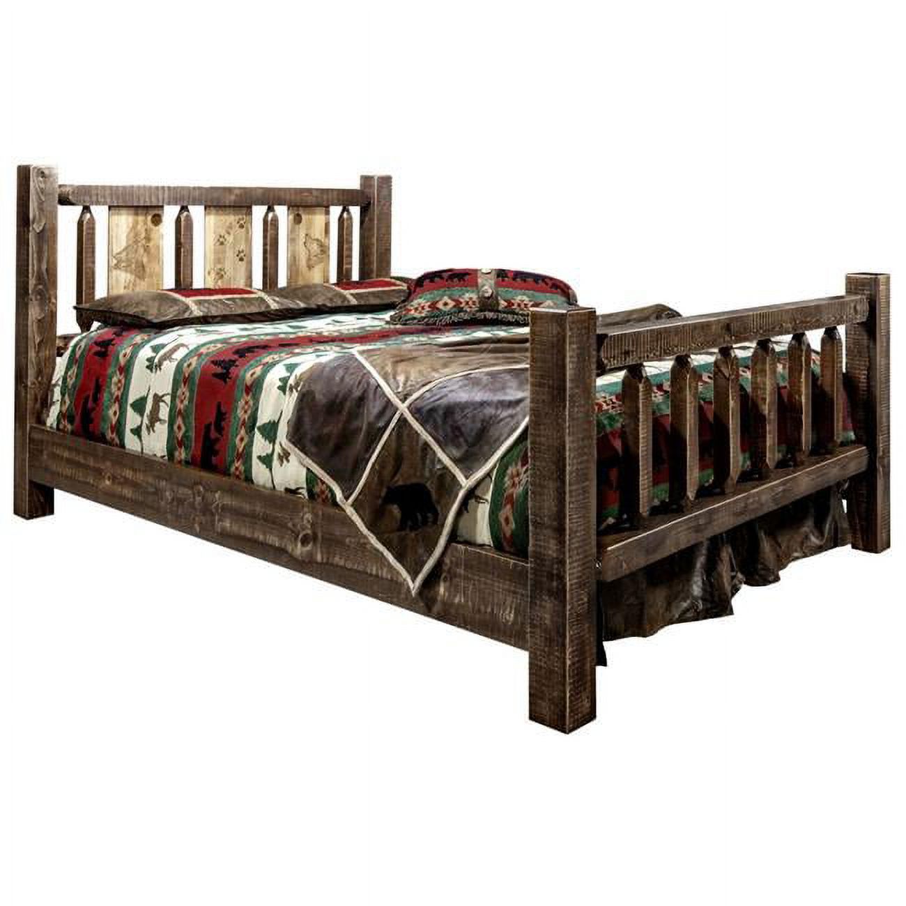 Homestead Collection Full Size Bed with Laser Engraved Wolf Design, Stain & Clear Lacquer Finish