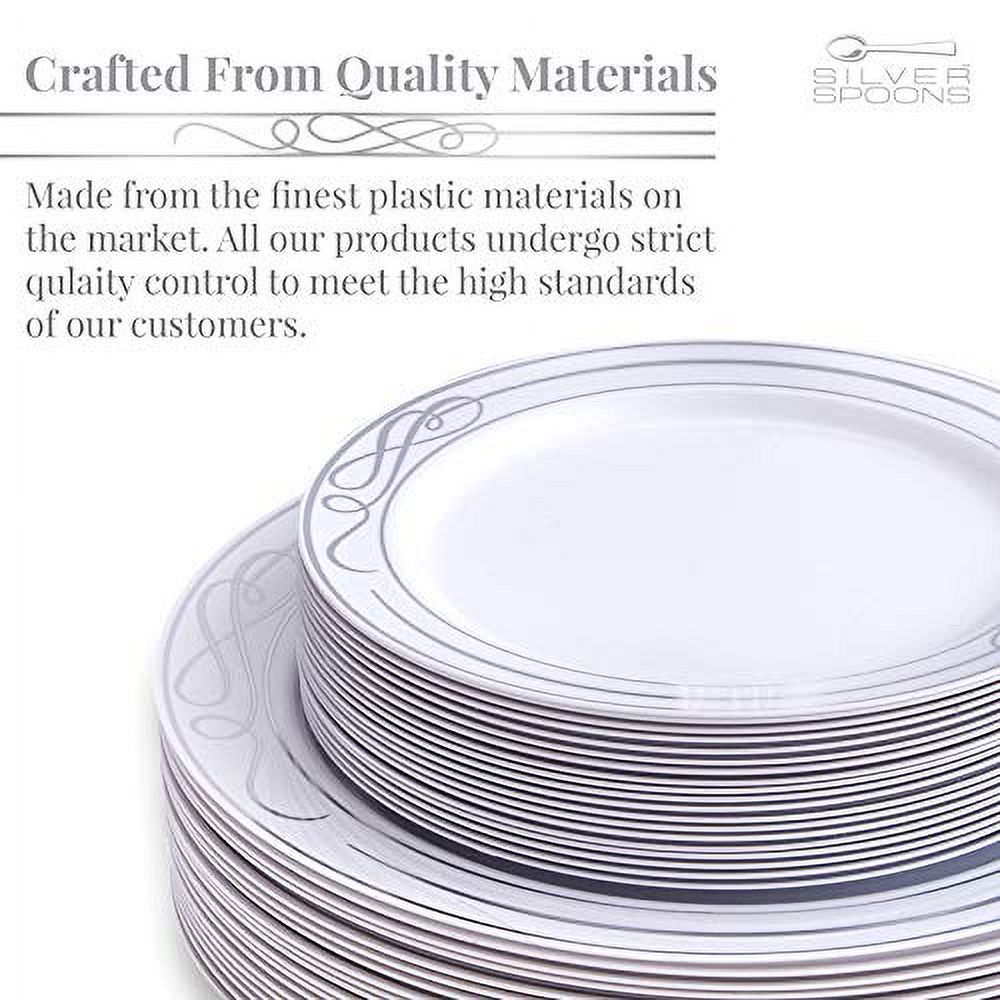 DISPOSABLE 40 PC DINNERWARE SET | 20 Dinner Plates | 20 Salad Plates | Heavy Duty Plastic Dishes | Elegant Fine China Look | Bella Collection (Silver)