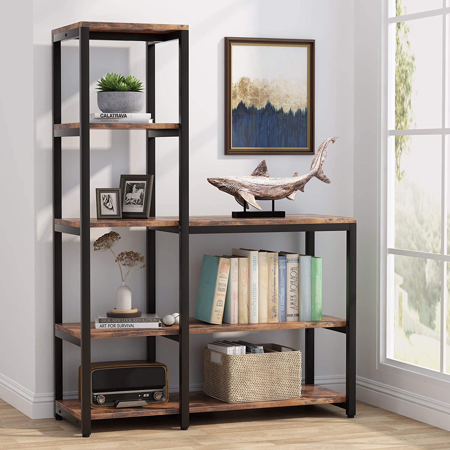 Home Office Rustic Brown Ladder Bookshelf Tribesigns Etagere Bookcase with 8 Open Storage Shelves
