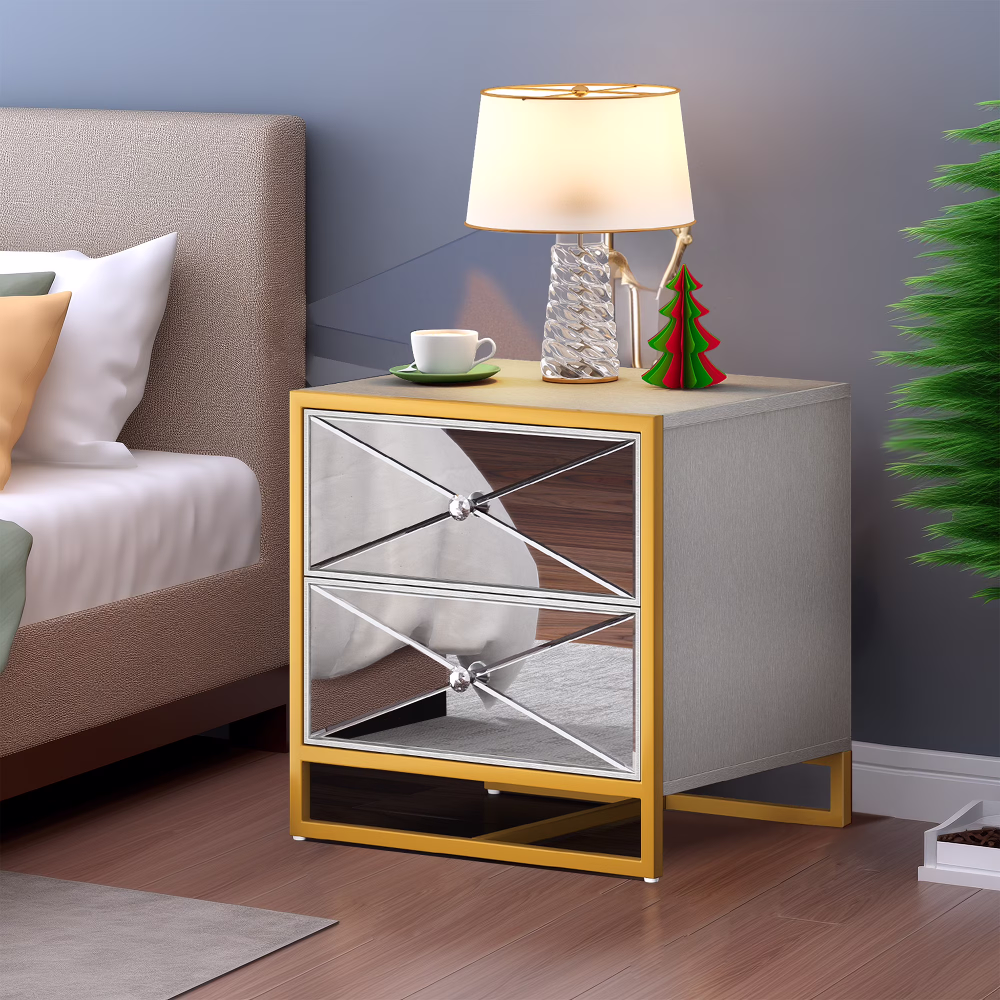Dextrus Mirrored Nightstand 2 Drawer Modern Mirror End Table, Silver Finished Bedside Table for Bedroom, Living Room, Gold Frame, 1PC