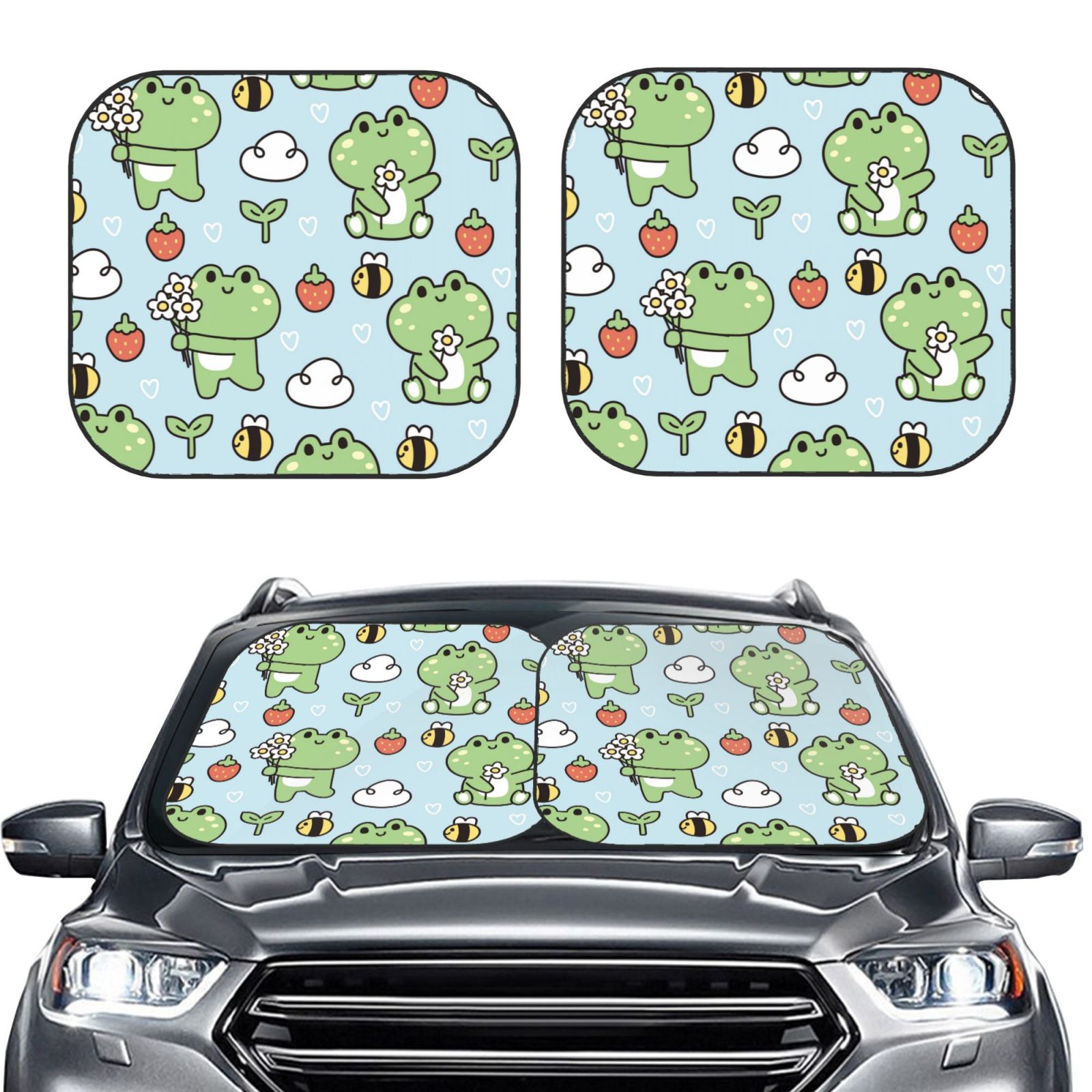 Lukts Cute Floral Frog Print 2 Piece Car Sun Shade Windshield,Foldable Car Shade Front Windshield With Keeps Your Vehicle Cool, For Most Sedans Suv And Trucks - Small