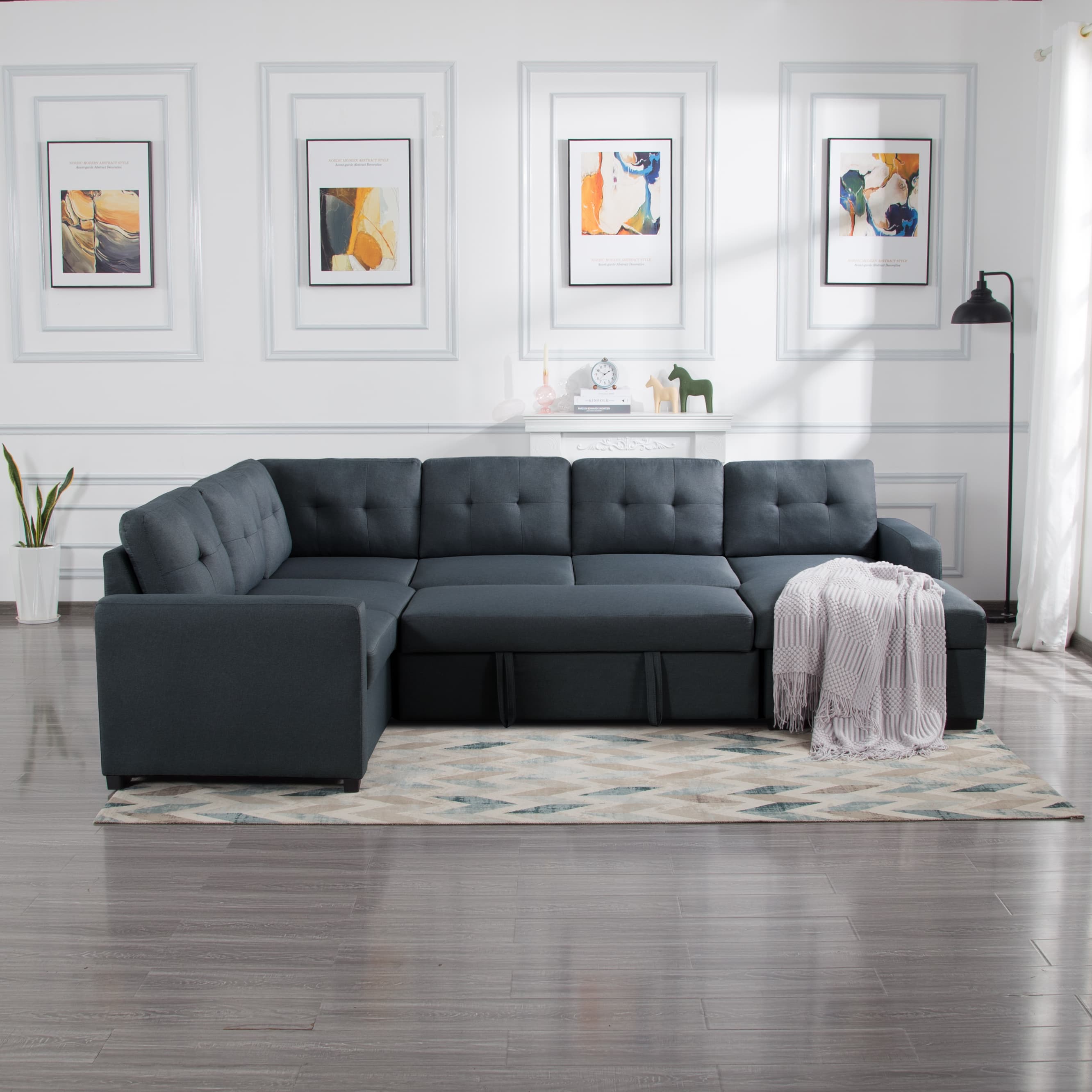 BSHTI114.2” U-Shape Sectional Sleeper sofa, Pull-out sofa bed with storage chaise lounge, can be easily converted into a full size bed by pulling out straps on the edge of the sofa