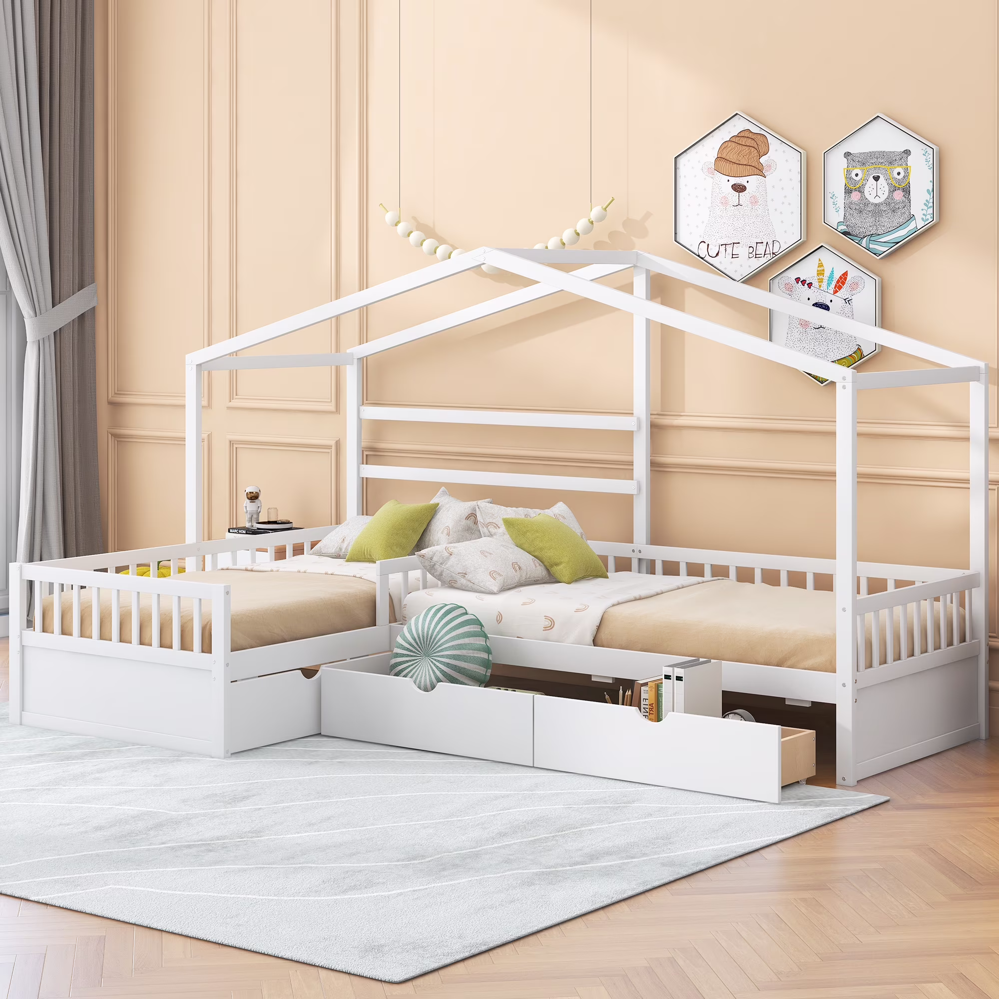 House Bed with Three Storage Drawers for Teens Double Twin Size, Bed with Pine Wood Fence, Suitable for Young Children, Children, Easy to Assemble(White, Twin)
