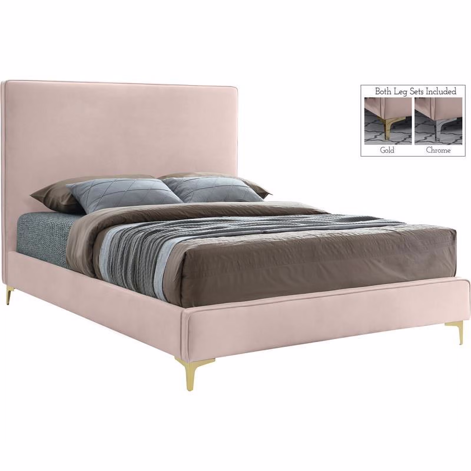 Maklaine Contemporary Pink Velvet Queen Bed with Gold and Chrome Legs Included