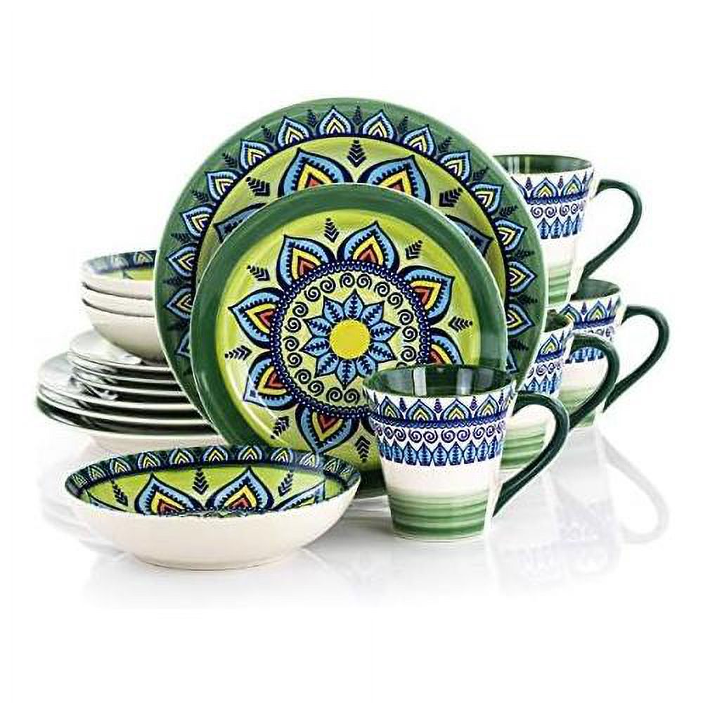 Multicolored Round Stoneware Mandala Pattern Dinnerware Set, 16 Piece, Green