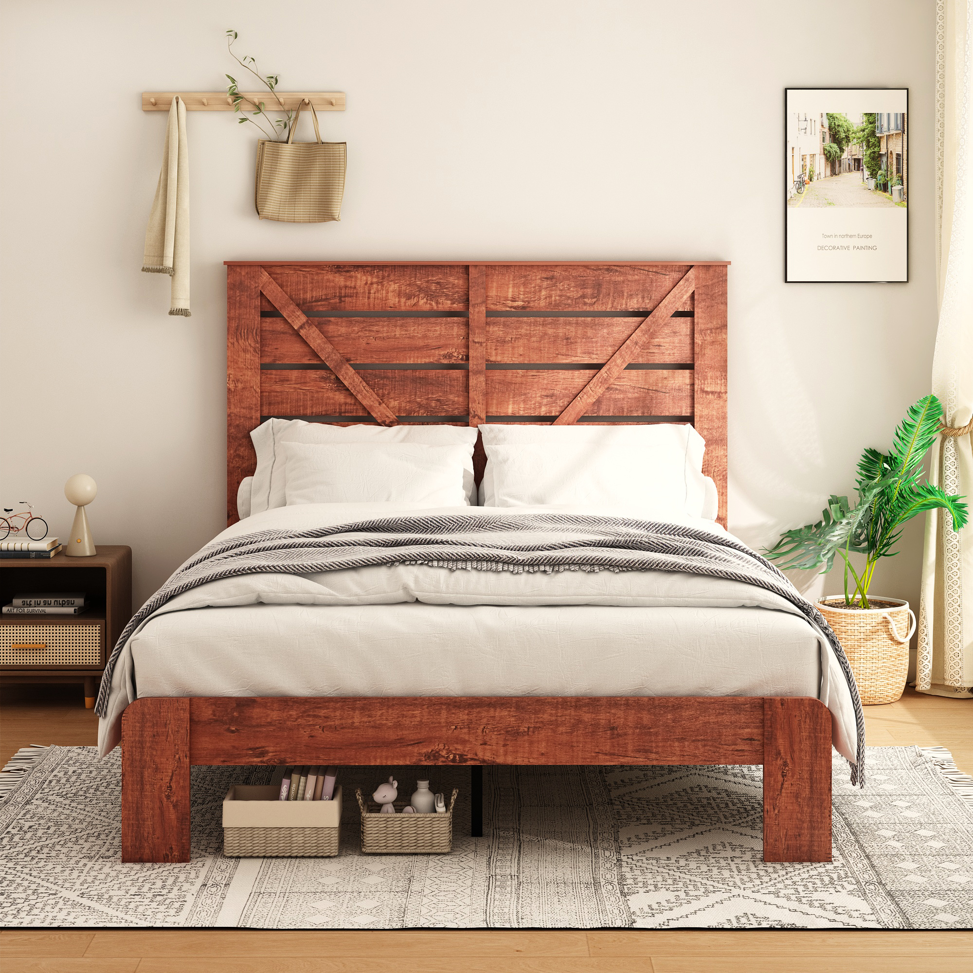 iRerts Wood King Bed Frame with Headboard, King Platform Bed Frame for Adults Teens, Industrial Bed Frames King Size with Large Under Bed Storage, Noise Free, No Box Spring Needed, Vintage Brown