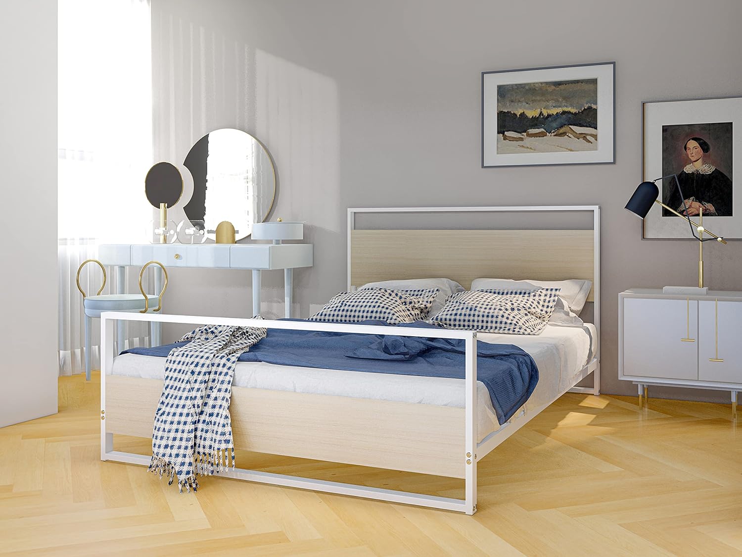 ERFBW02 Erie Platform Bed Frame With 4 Metal Legs - High-Class Bed In Powder Coating White Color And White Wood Laminate