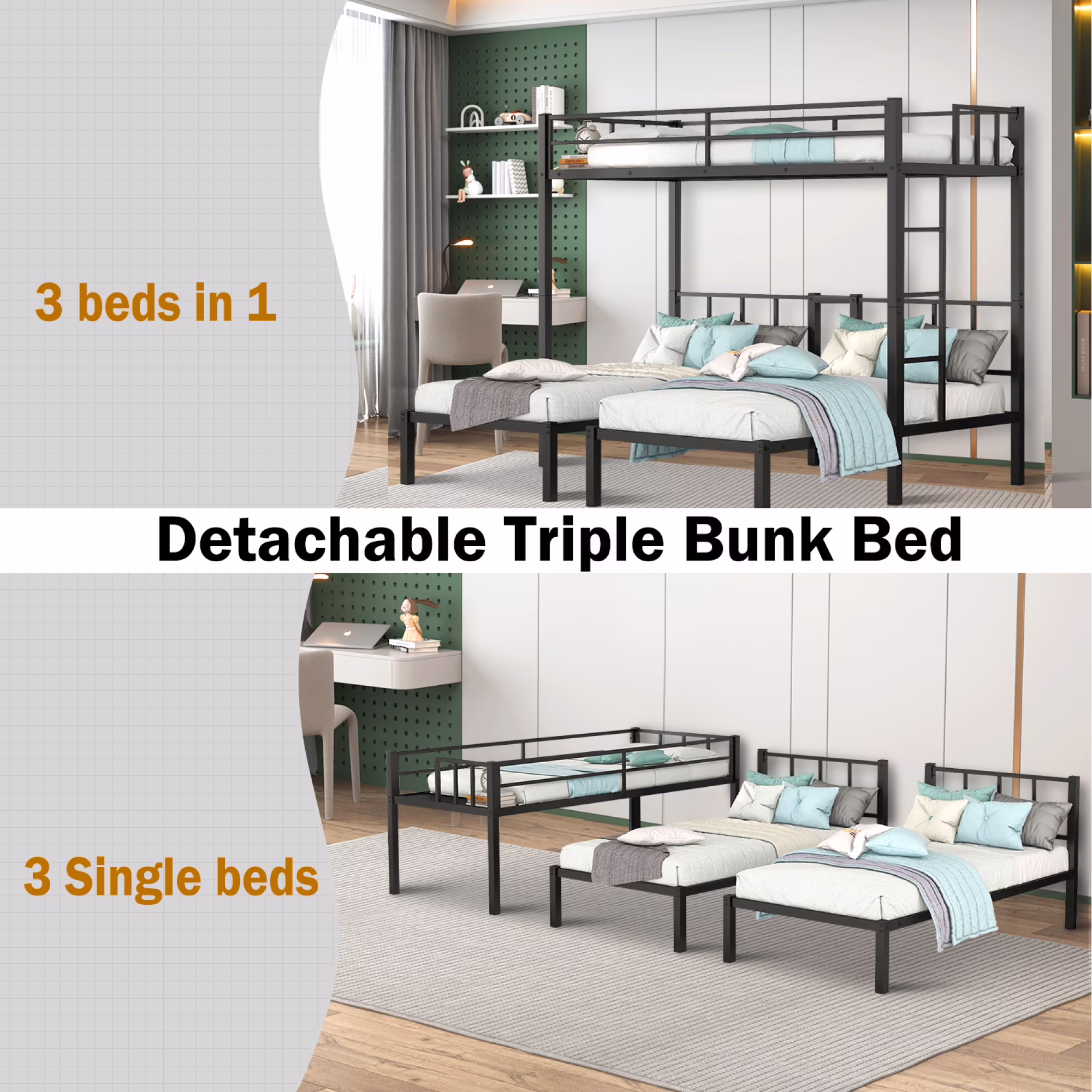Triple twin bunk bed, can be separated into 3 twin beds