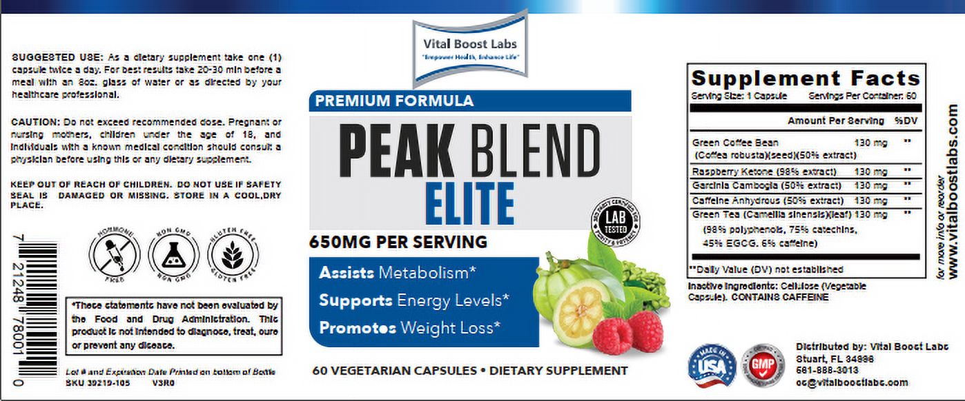 PEAK BLEND ELITE 650MG PER SERVING - 60 VEGETARIAN CAPSULES  - VITAL BOOST LABS