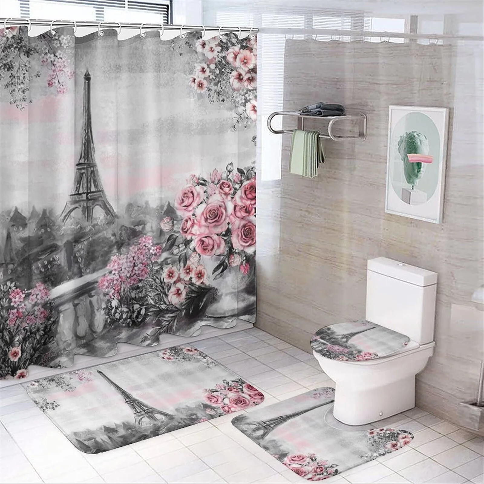 4Pcs Paris Eiffel Tower Pink Shower Curtain Sets Bathroom Set Decor with Non-Slip Rugs Bath U-Shaped Mat Toilet Lid Cover