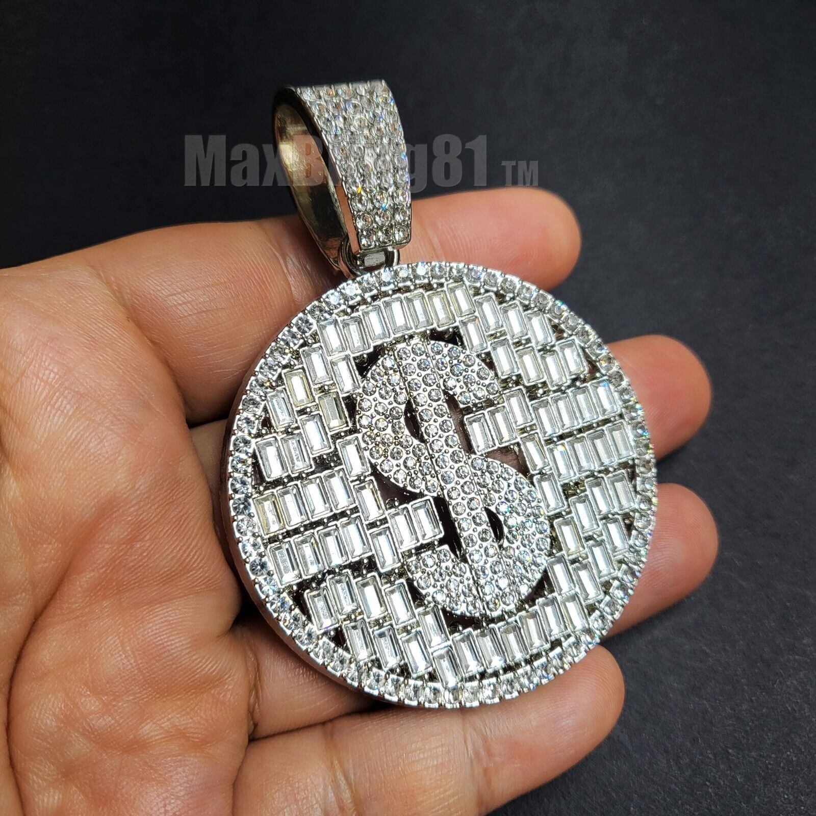 Hip Hop Dollar $ Money Sign Baguette Stone Cubic Zirconia Medal Charm Pendant