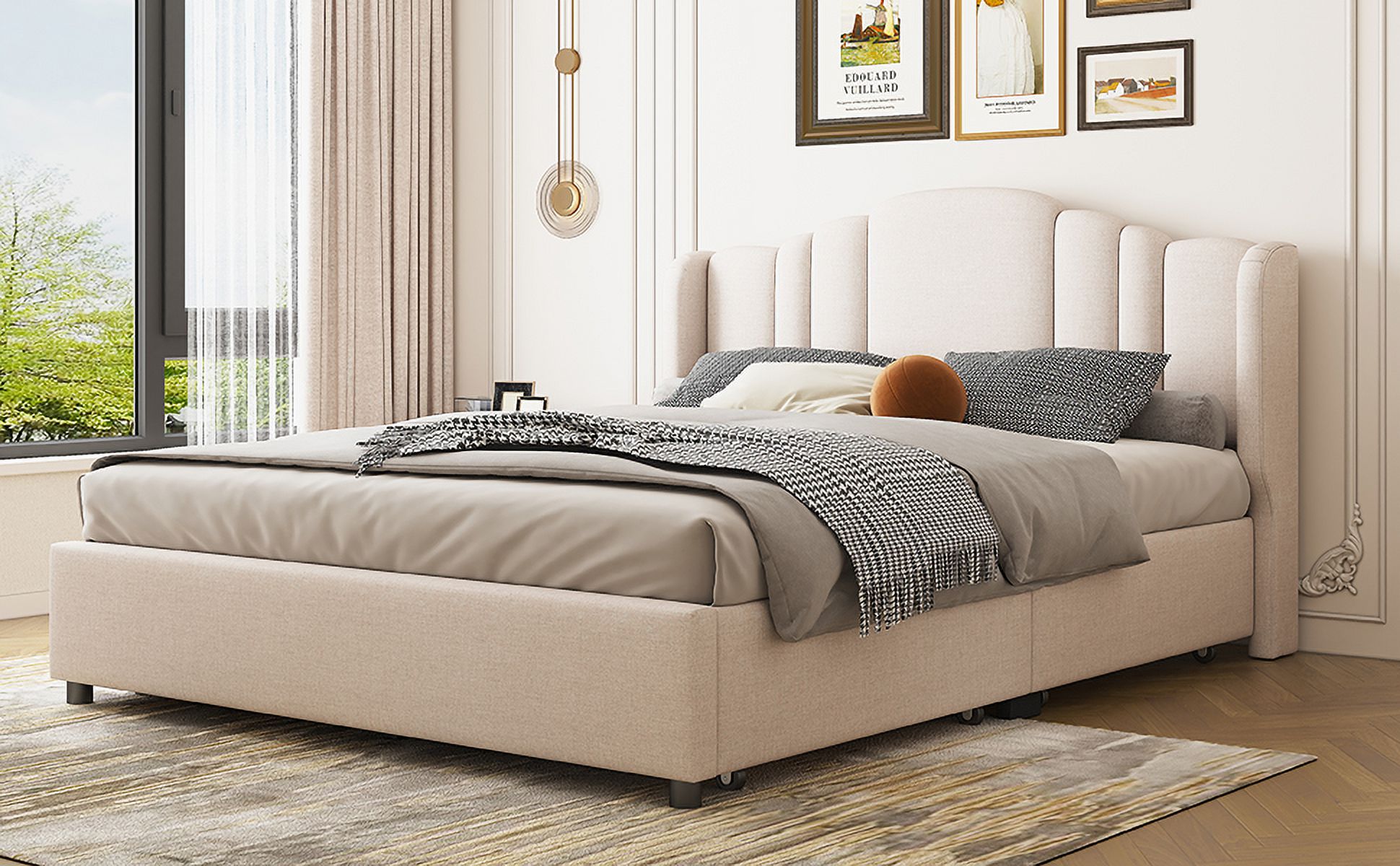 Upholstered Platform Bed with Wingback Headboard and 4 Drawers - No Box Spring Needed Queen Size Beige Linen Fabric Bed Frame
