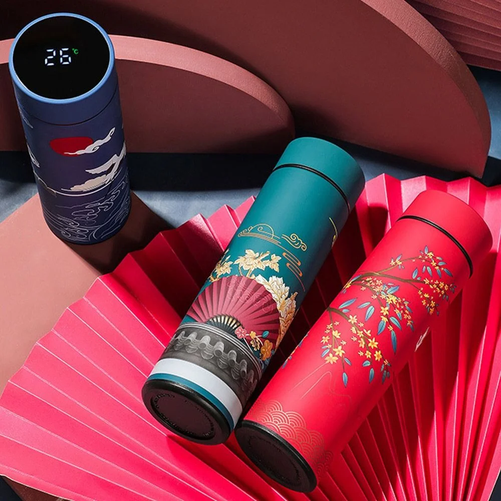 Creative Temperature measurement Vacuum Flasks Miniature Water Bottle Premium Travel  Mug Chinese Style Intelligent Temperature Display Thermos cup BLUE
