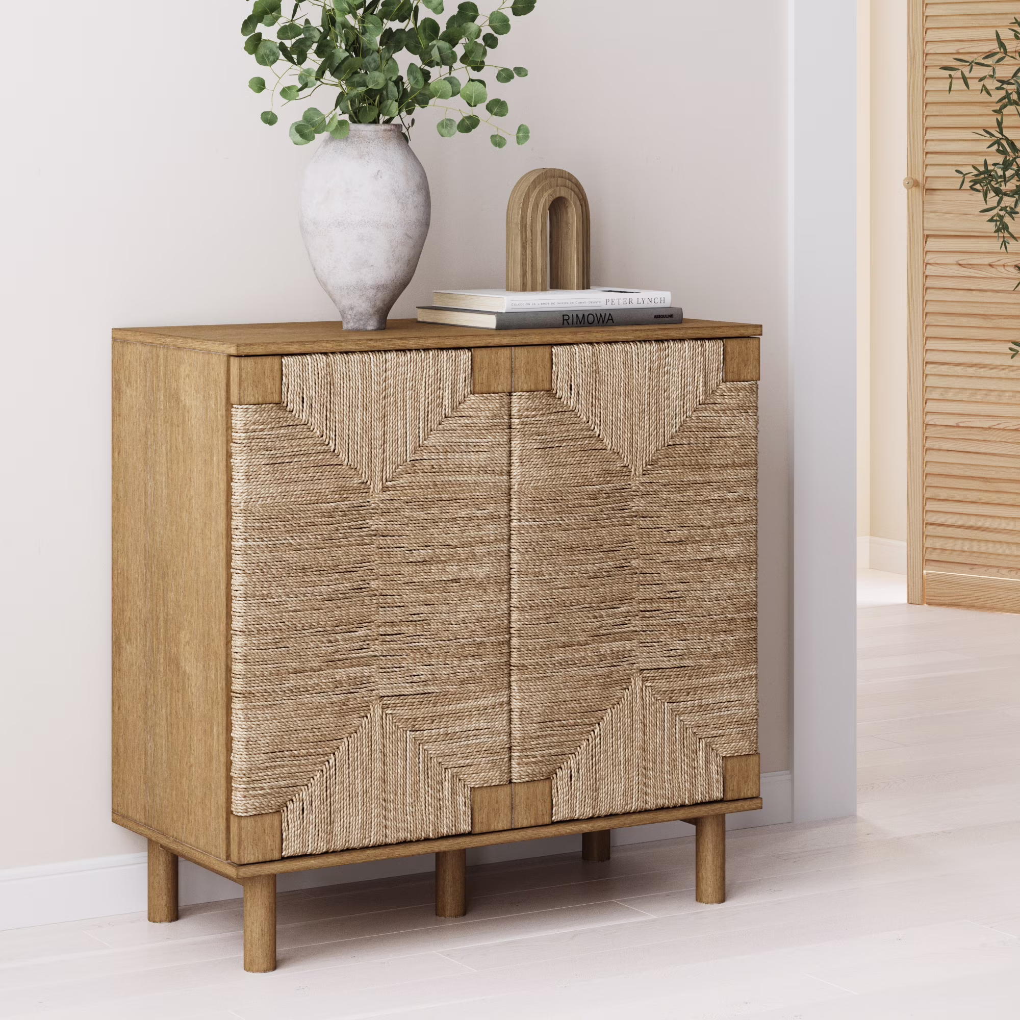 Nathan James Beacon Natural Light Wood Accent Cabinet with Seagrass Doors and Adjustable Shelf