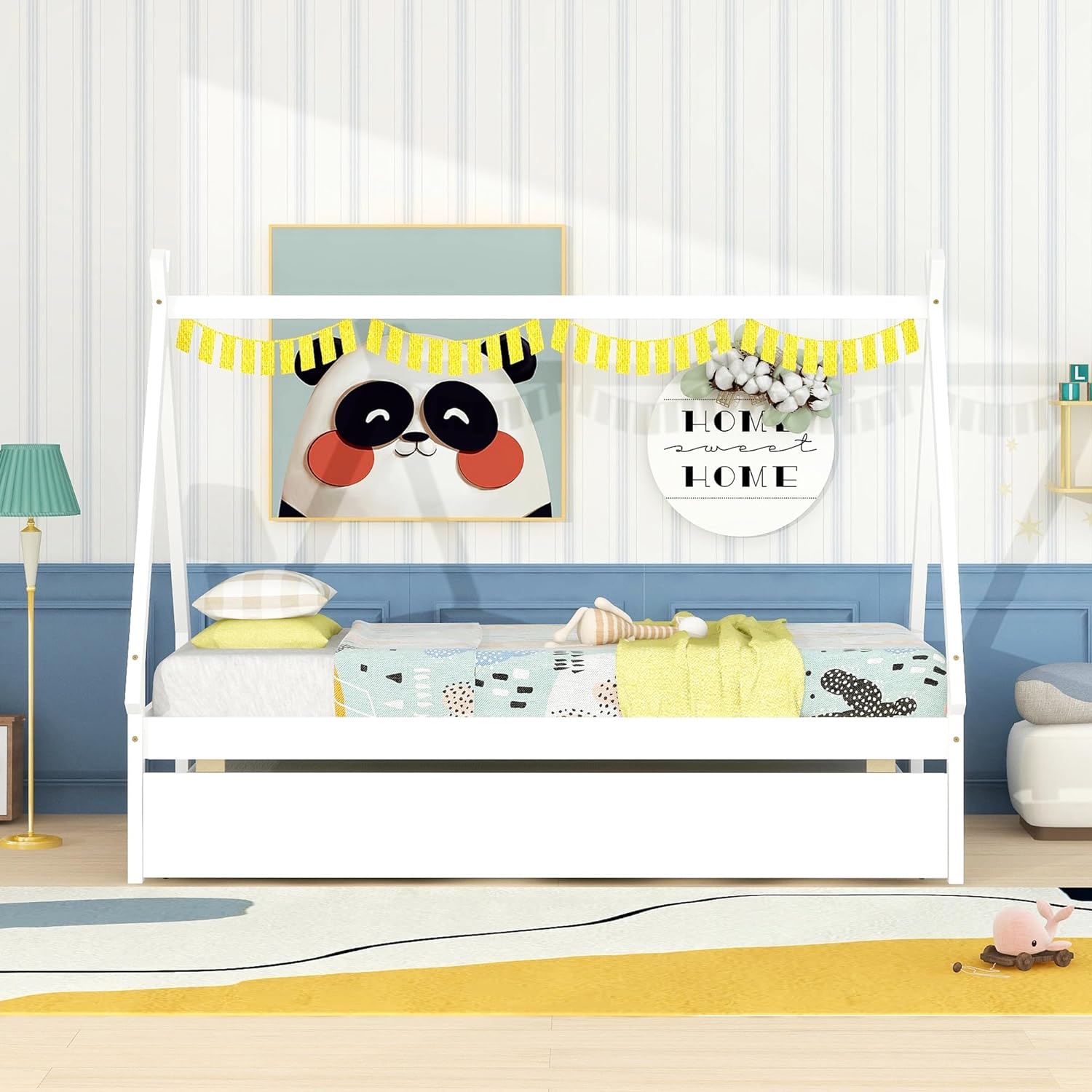 Kids House Bed With Trudle, Size Tet Bed For Kids, Teepee Bed Frame, Woode Motessori Bed For Girls Boys Bedroom Furiture, White