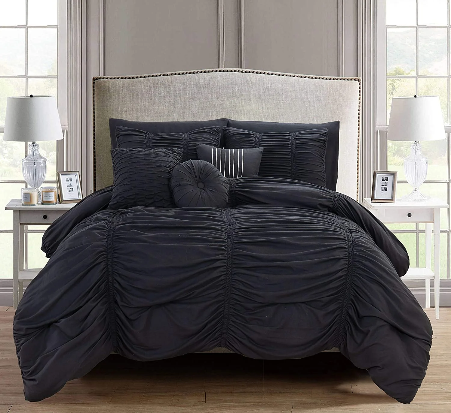 Celine Linen 10-PIECE Bed-in-a-Bag Pleated Comforter Set, Ruched Ruffle Comforter Set Includes Bed Sheet Set with Double Sided Storage Pockets, King/Cal King, Black
