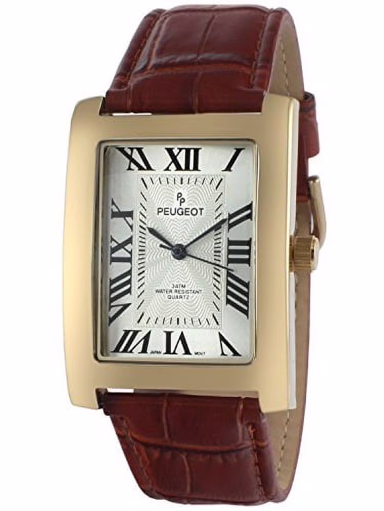 Peugeot Men's Vintage Rectangular 14K Gold Plated Brown Leather Strap Watch