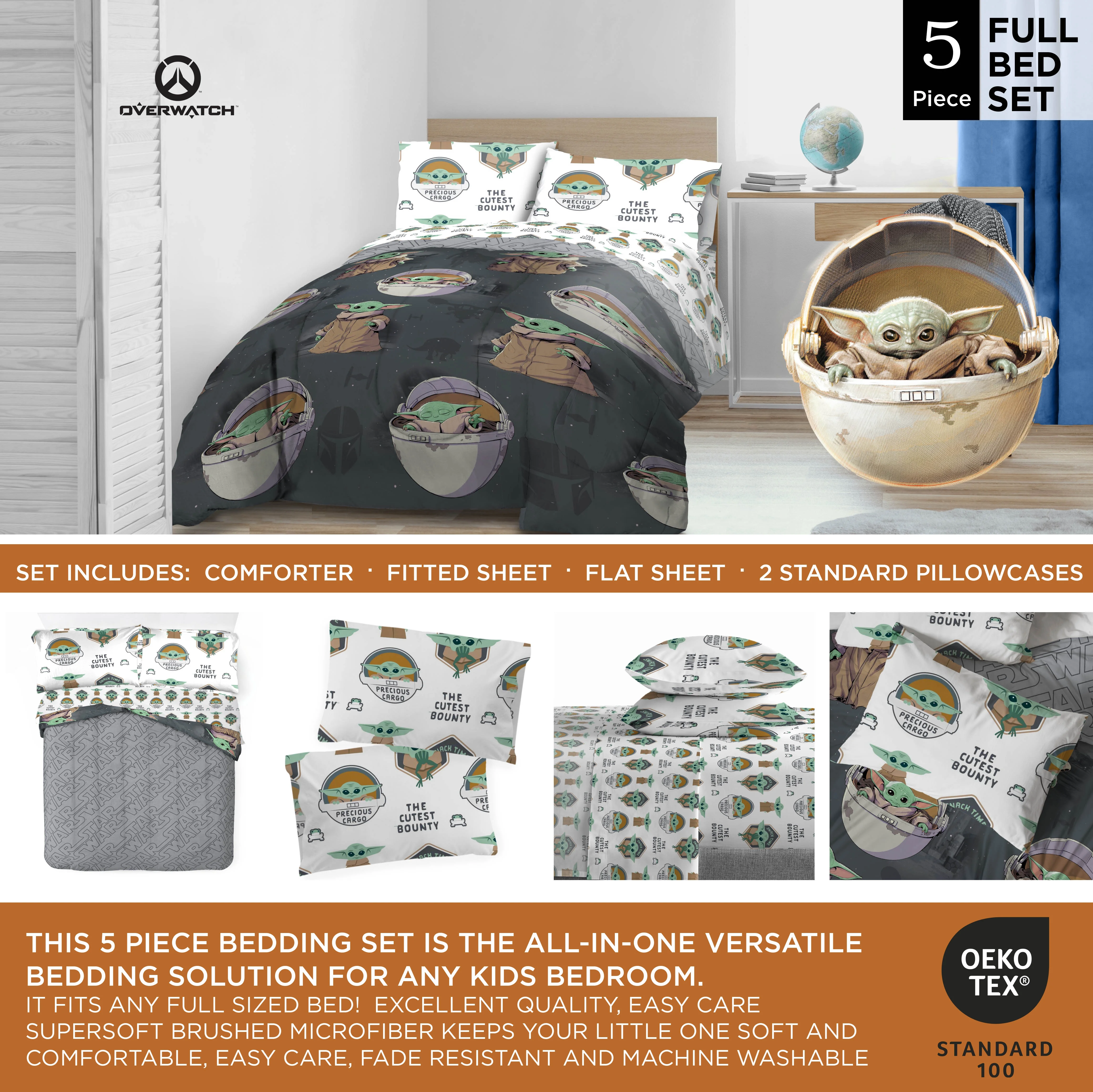 The Mandalorian Baby Yoda Kids Full Bed Set,100% Microfiber, Gray