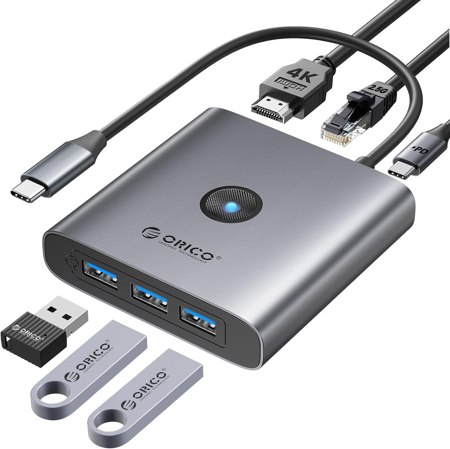 ORICO 6-in-1 USB C Hub with 2.5G Ethernet, 3 USB-A (5Gbps), 4K HDMI, 100W PD Charging - High-Speed Docking Station