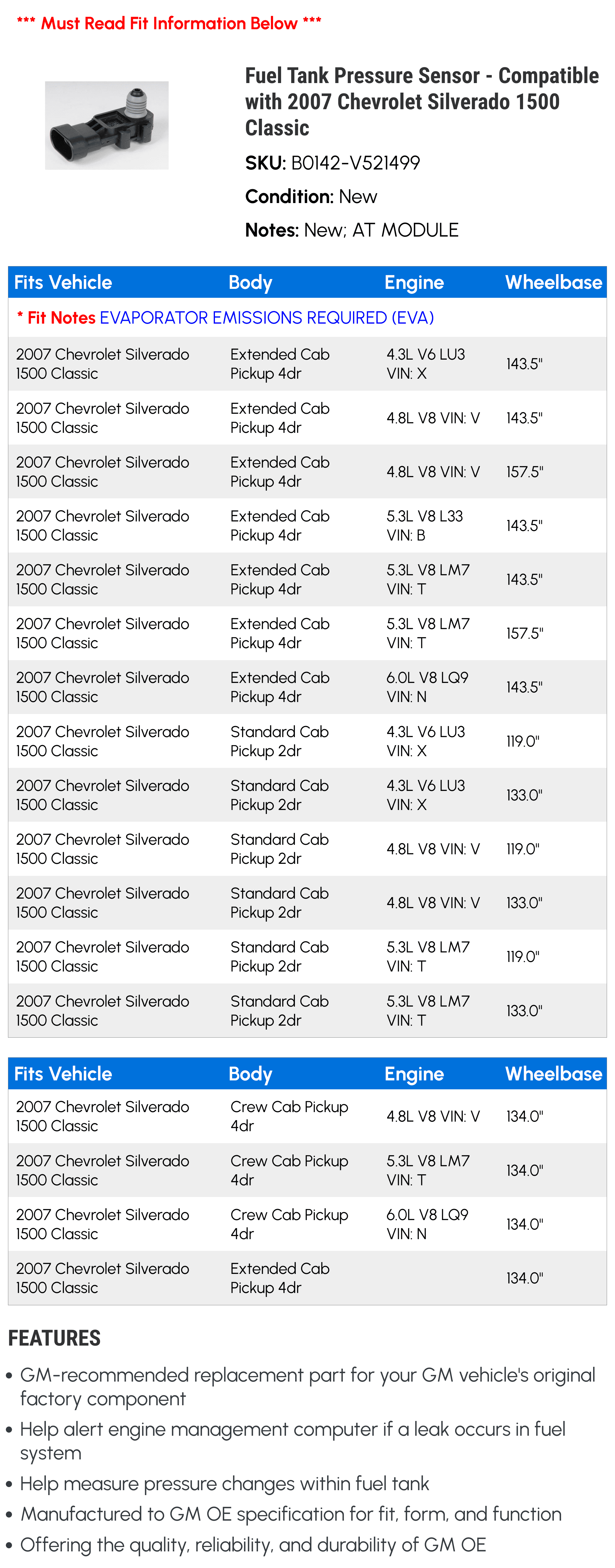 Fuel Tank Pressure Sensor - Compatible with 2007 Chevy Silverado 1500 Classic