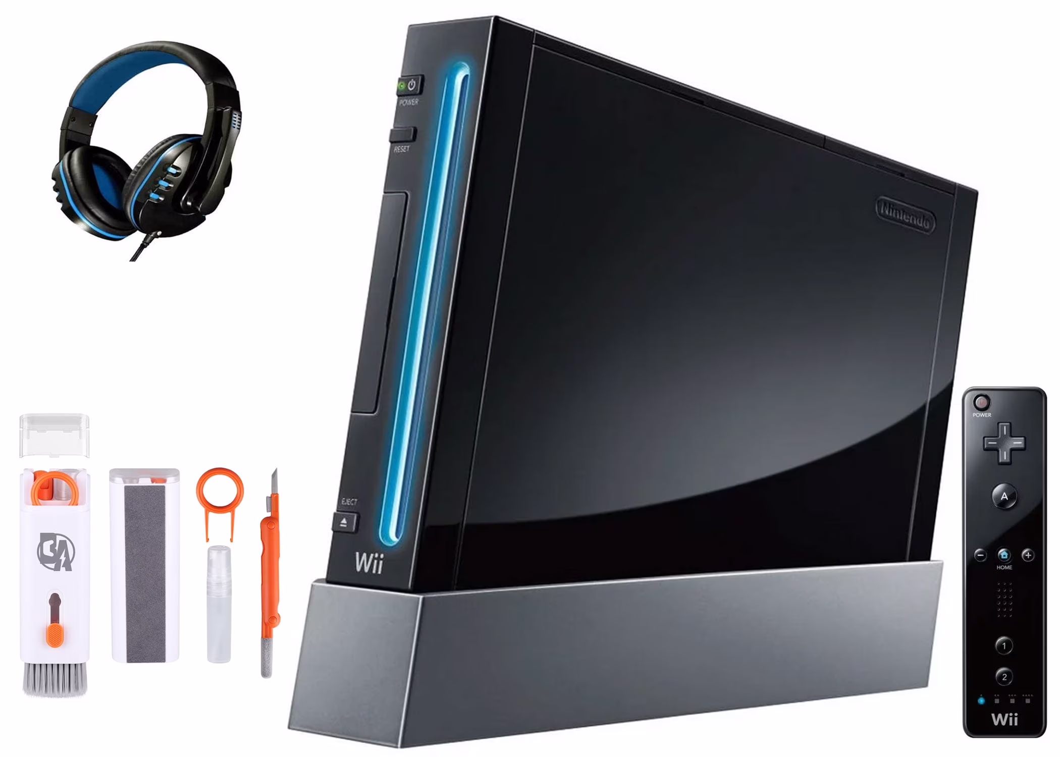 Nintendo Wii Black Gaming Console + Headset Cleaning Kit BOLT AXTION Bundle Like New
