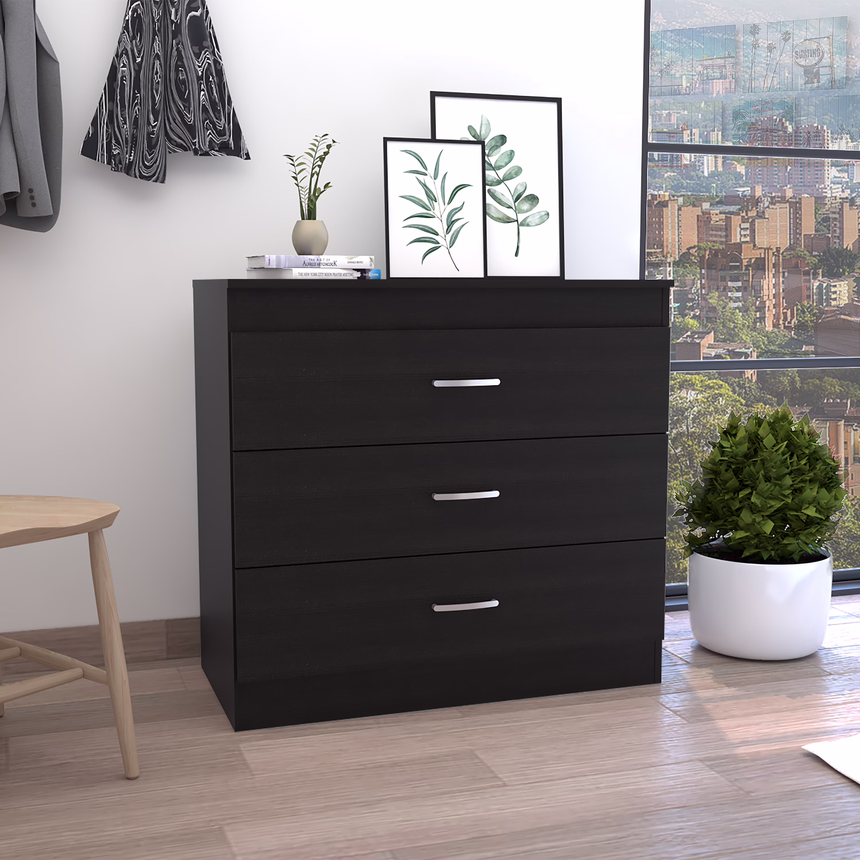 CoSoTower Three Drawer Dresser Lial, Superior Top, Metal Hardware, Black Wengue Finish