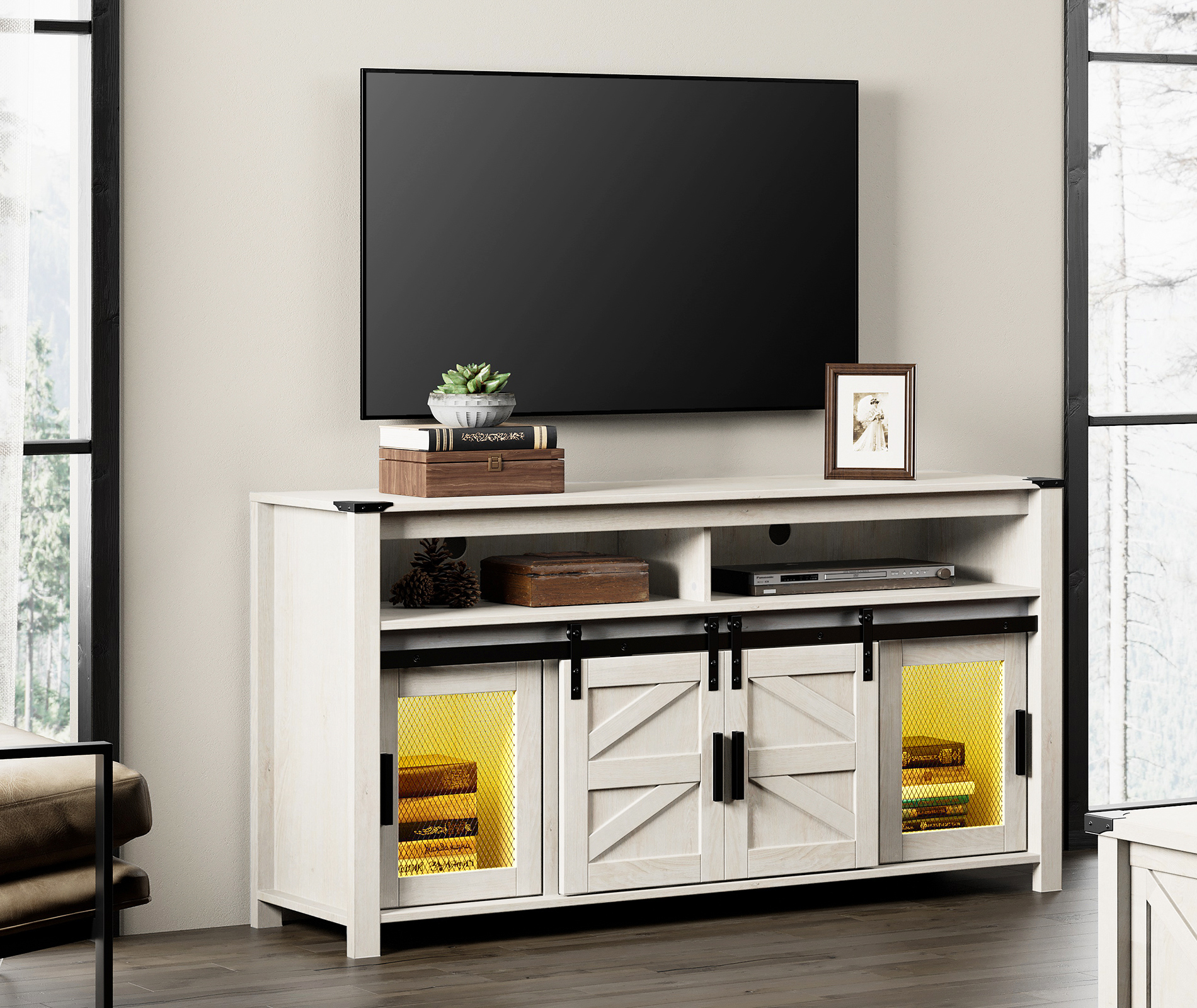 WAMPAT Farmhouse Tall TV Stand for 65+ Inch TV, White Entertainment Center with Rustic Mesh & Sliding Barn Doors, Adjustable Shelf & Open Storage Space, Media Console with Yellow LED Lights, 59