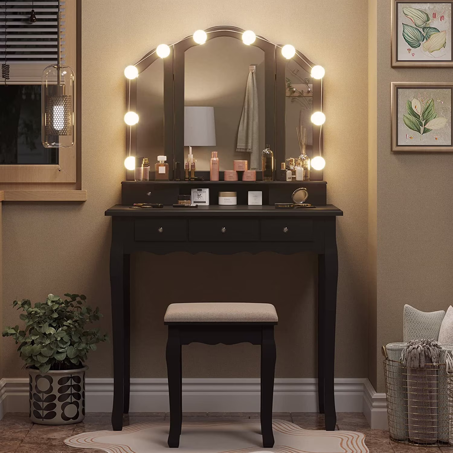 Tiptiper Makeup Vanity Table Desk Set with Lighted Tri-Fold Mirror and Stool for Bedroom, Black