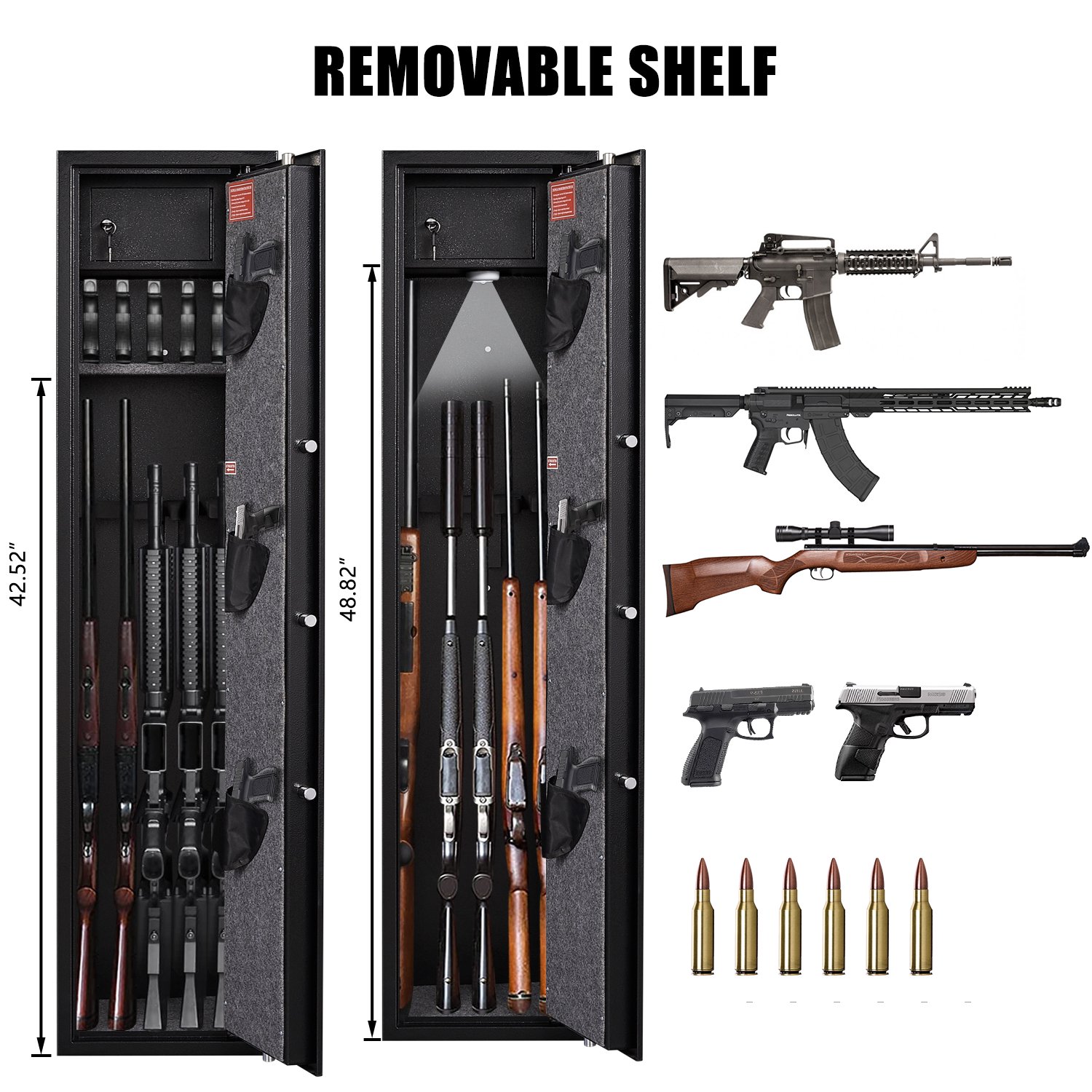 Foorsun Large Gun Safes with Fingerprint Unlocking，Rifle Gun Safe for Home 3-5 Rifles and Shotguns, with LED Light and Anti-Tampering Alarm System, 60 Second Alarm, Gun Cabinet Placed in the Bedroom