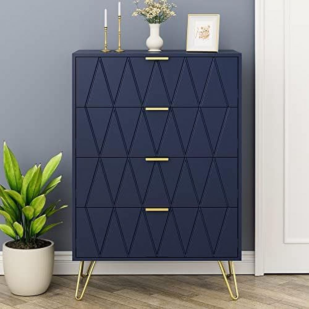 Grooved Pattern 4 Drawer Dresser  Chest of Drawers with Gold Handles Navy Blue Dresser for Bedroom Living Room Entryway