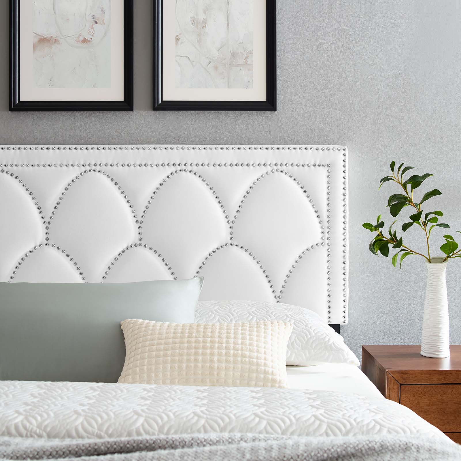Headboard, Nailhead, King California Size, White, Velvet, Modern Contemporary, Bedroom Master Guest Suite Room