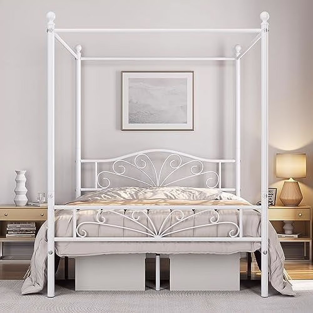 xrboomlife Full Graceful Metal Canopy Platform Bed Frame with Four Poster Design Arched Headboard Sturdy Metal Flats Support Underbed  Space Ball Finals White