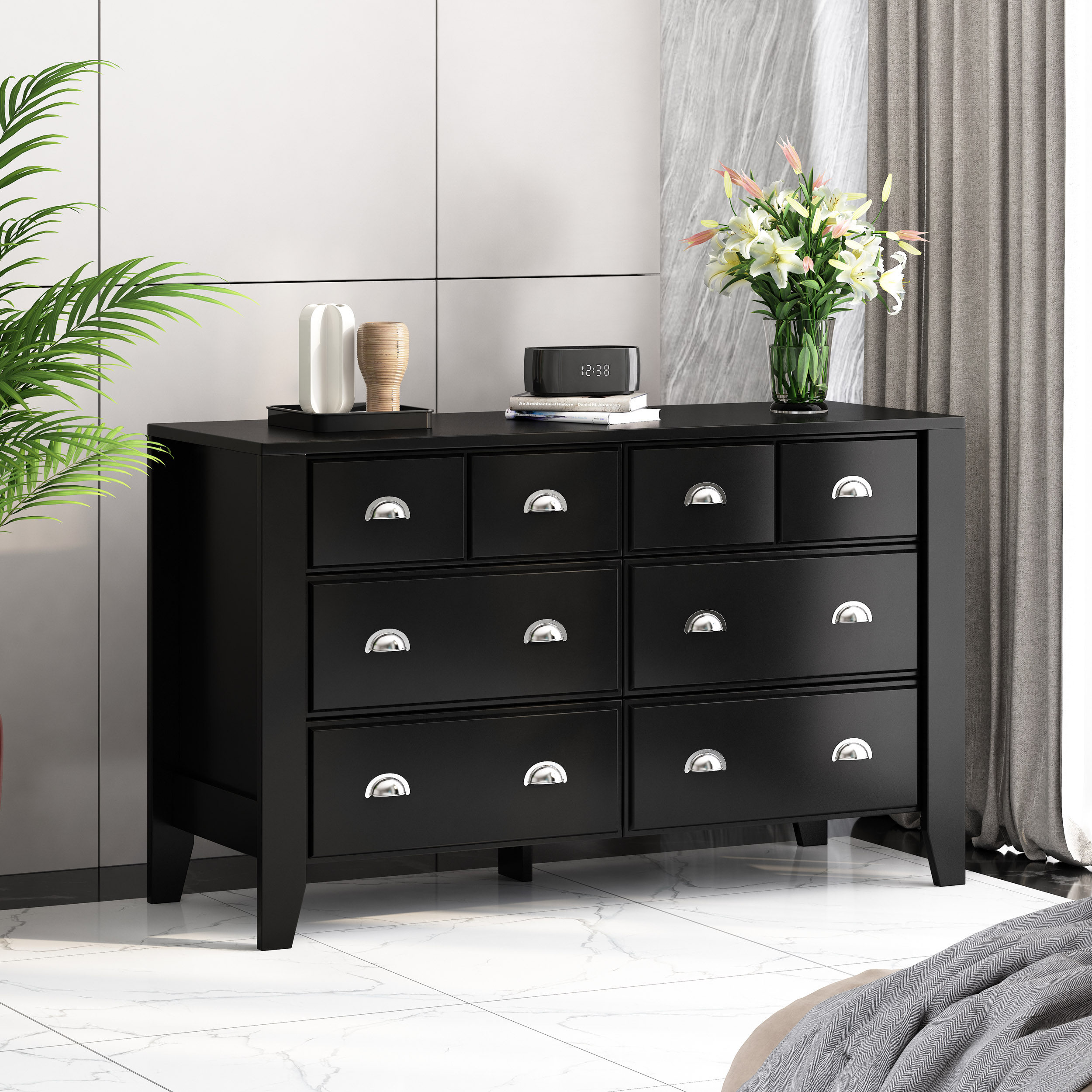 Noble House Bellic Faux Wood 6 Drawer Double Dresser, Black