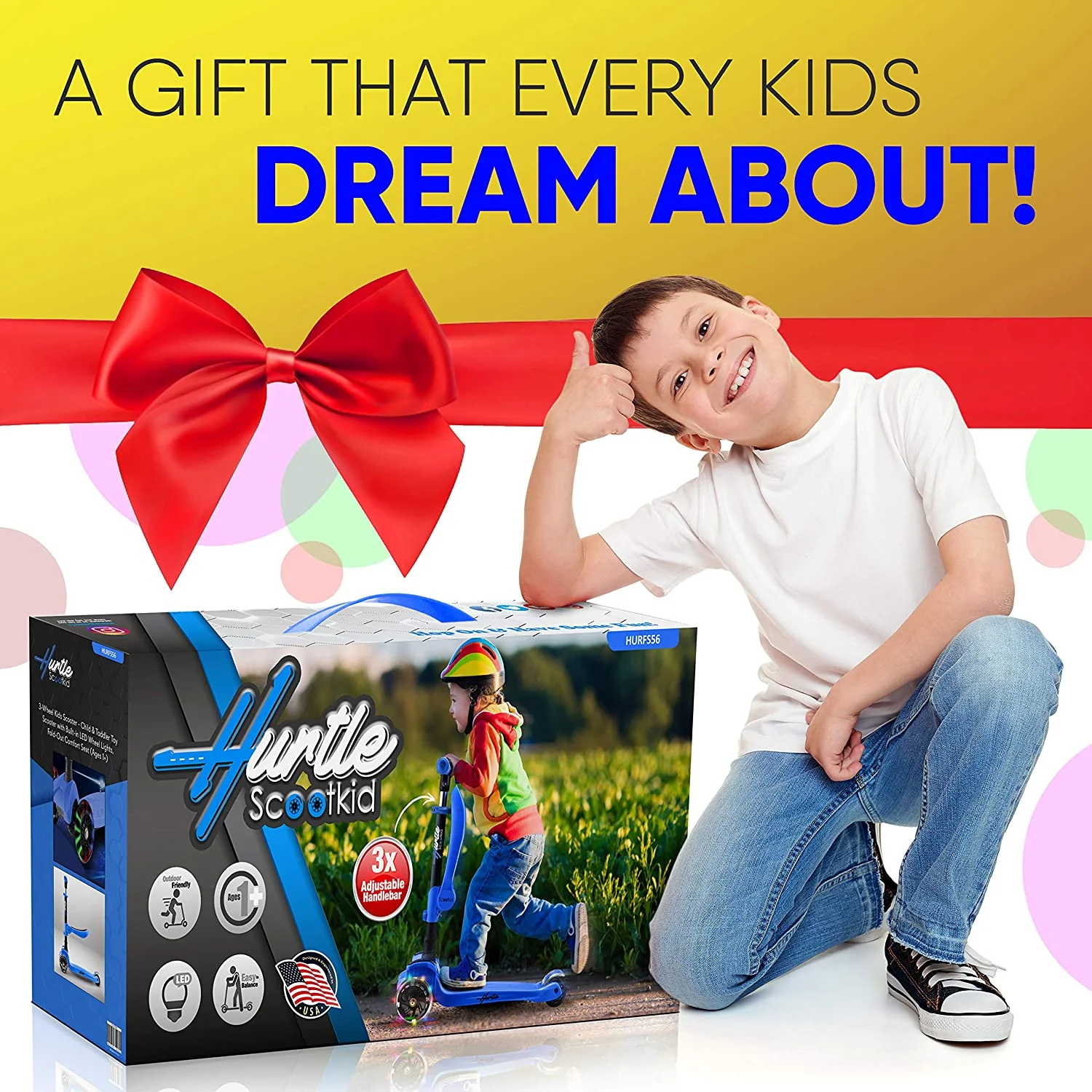 Hurtle ScootKid 3 Wheel Toddler Ride On Toy Scooter with LED Wheels, Blue