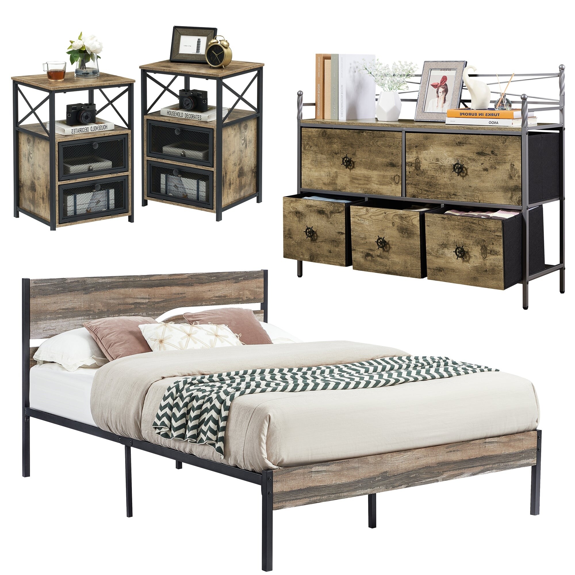 4-Piece Grey Bedroom Set with Bed Frame & 5-Drawer Dresser & Two Nightstands Queen - 4 Piece