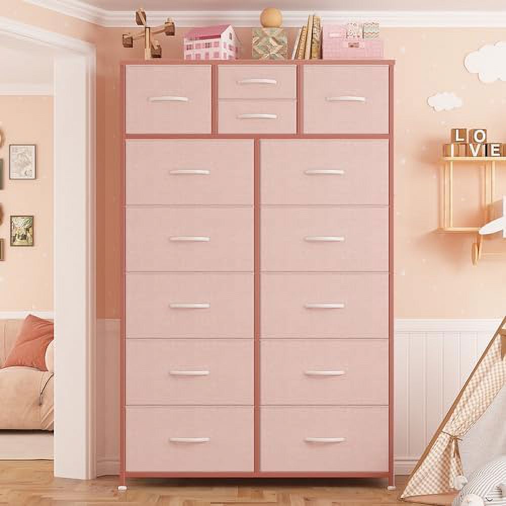 Tall Dresser  Dresser for Bedroom with 14 Drawers  Tall Bedroom Dresser for Bedroom  Large Fabric Dresser with Wood Top and Metal Frame for Closets  Living Room  Entryway  Black