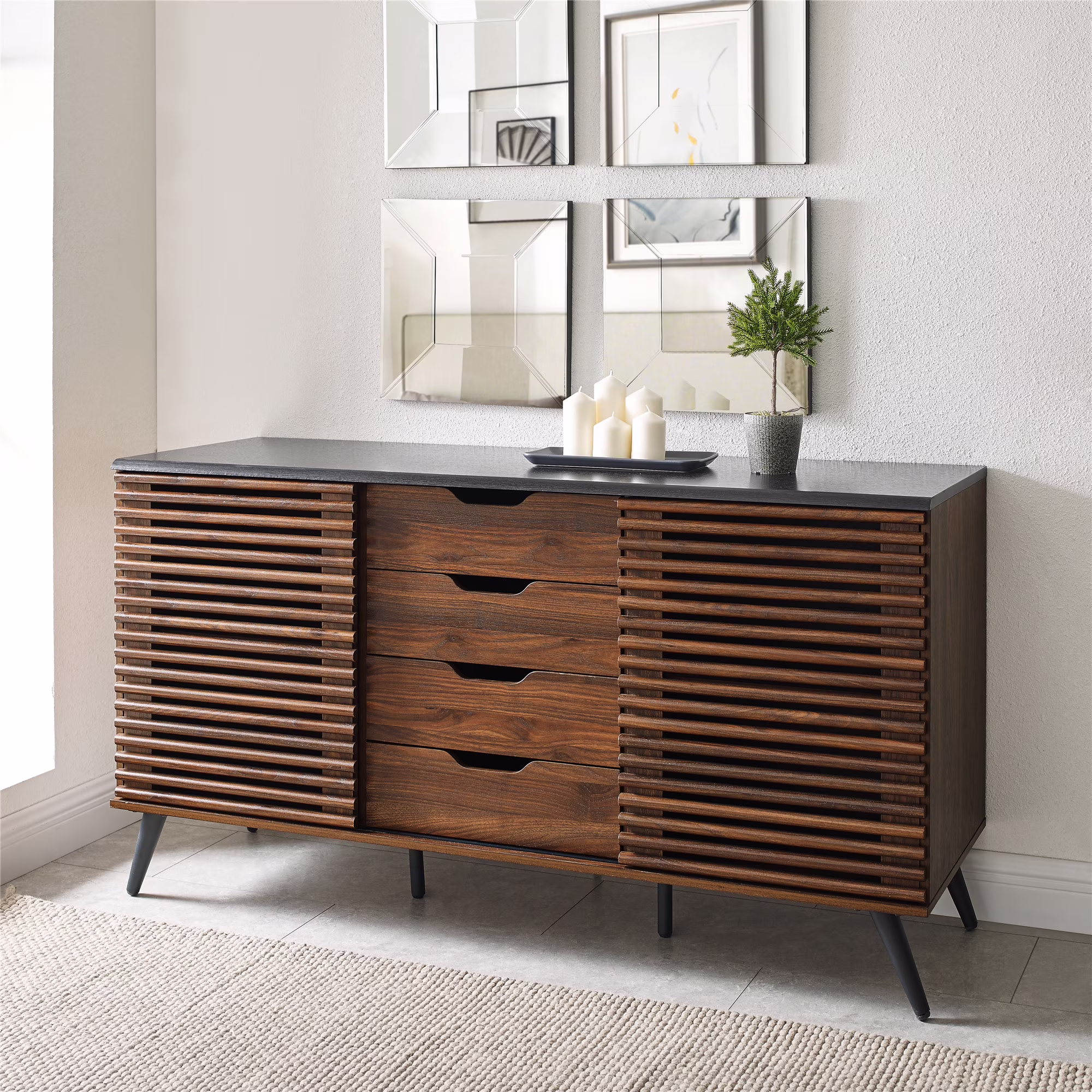Walker Edison Modern Sliding Slat Door Sideboard, Ebony and Dark Walnut