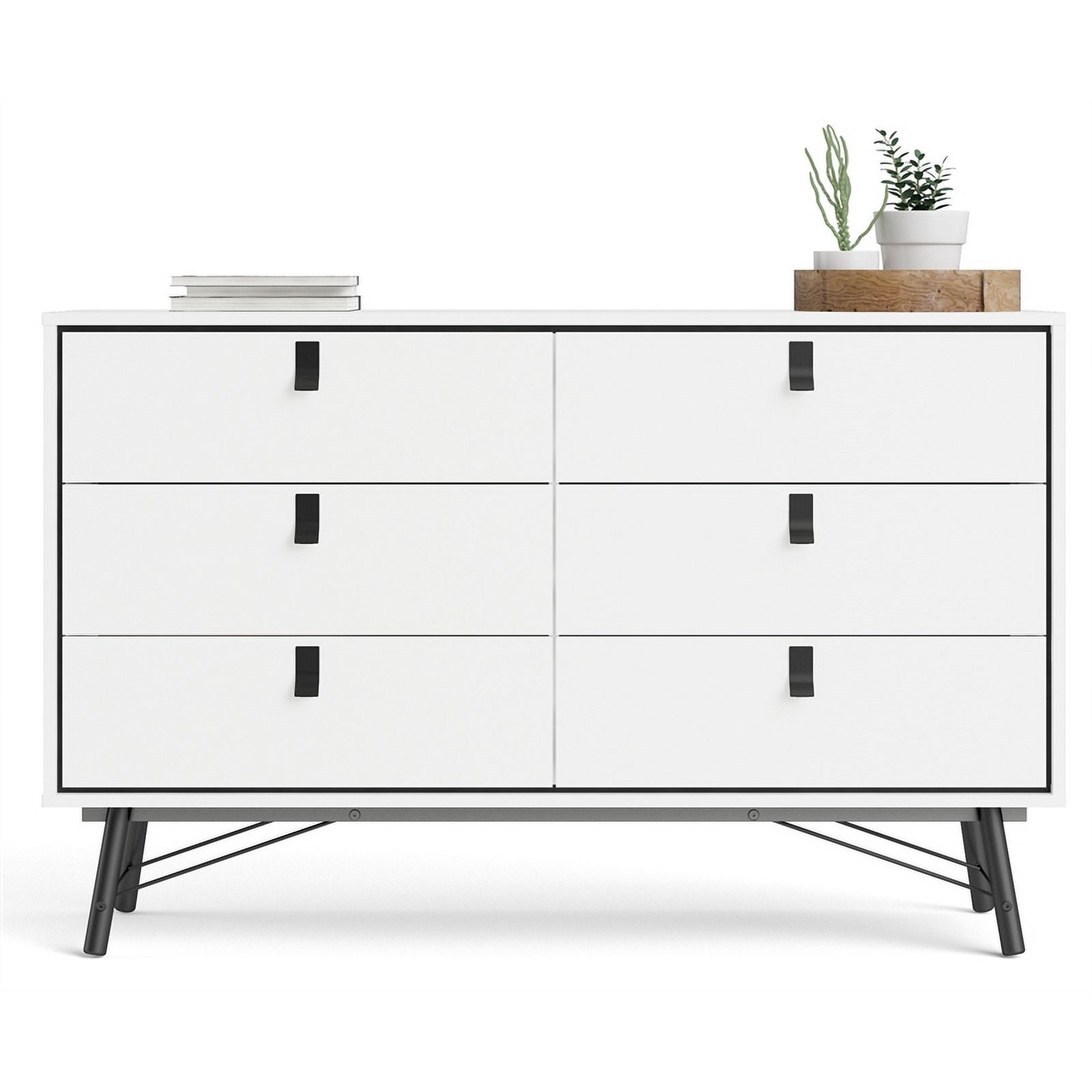 Pemberly Row Engineered Wood 6 Drawer Double Dresser in White Matte and Black