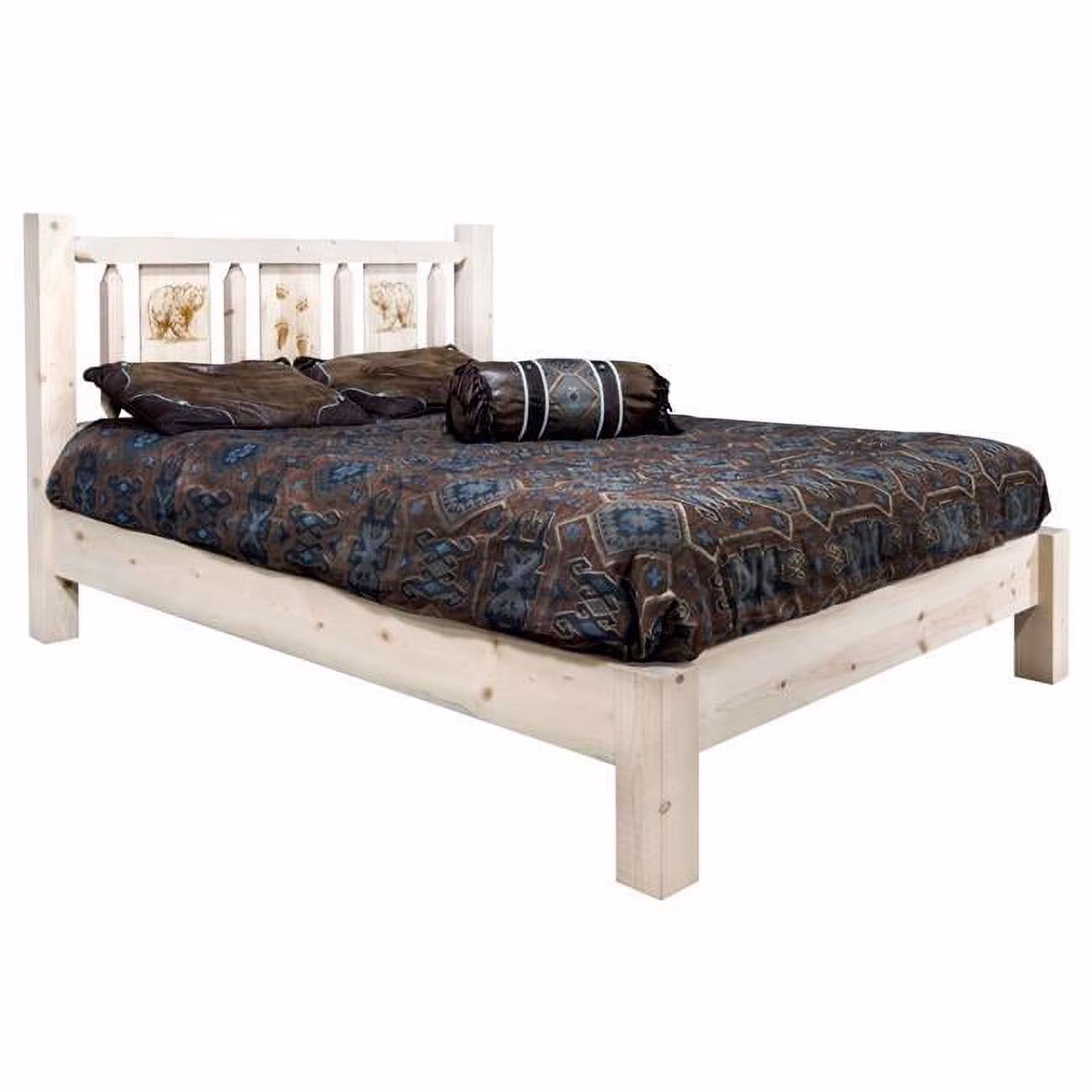 Homestead Collection Full Size Platform Bed with Laser Engraved Bear Design, Clear Lacquer Finish