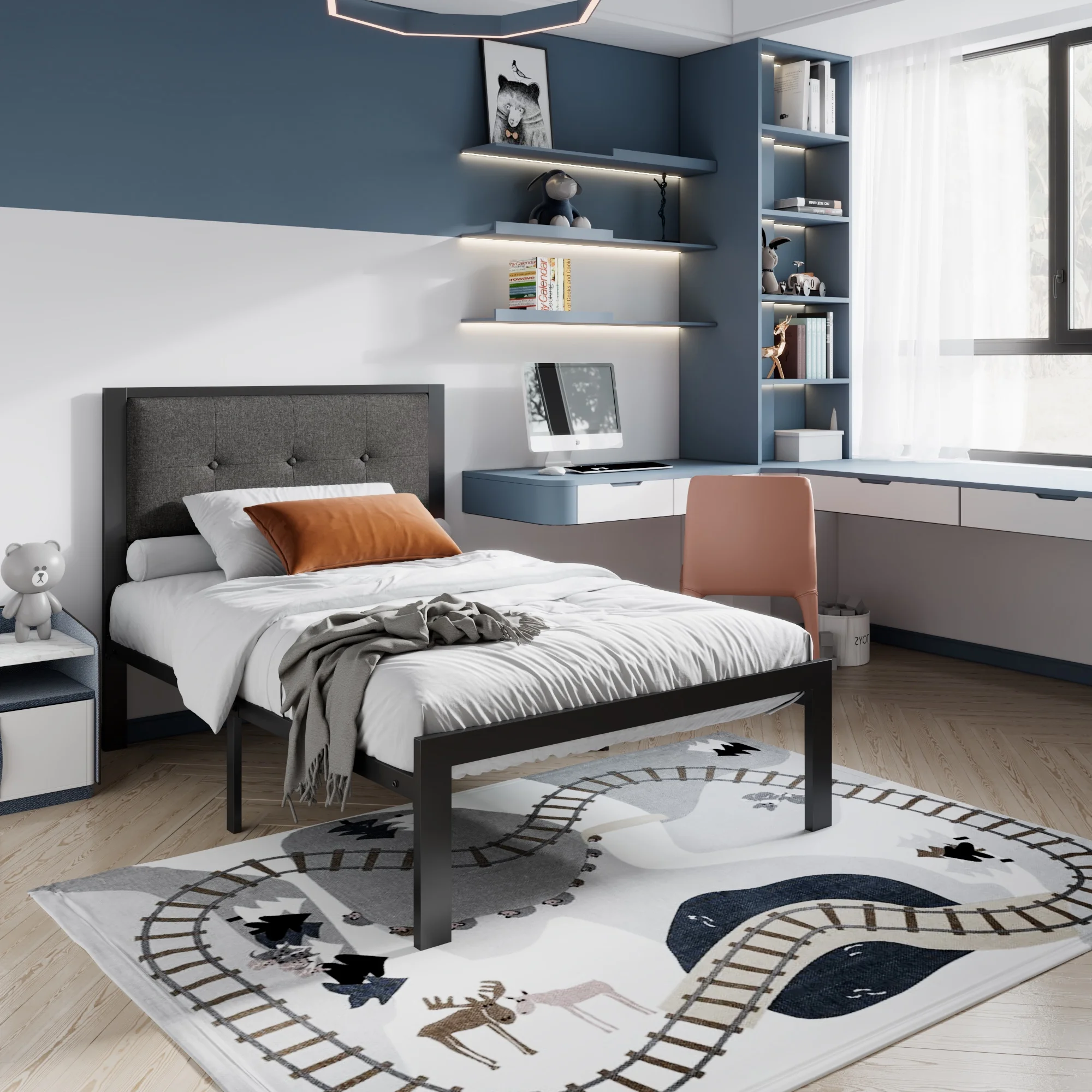 Einfach Twin Platform Bed with Fabric Button Tufted Square Stitched Headboard, Grey