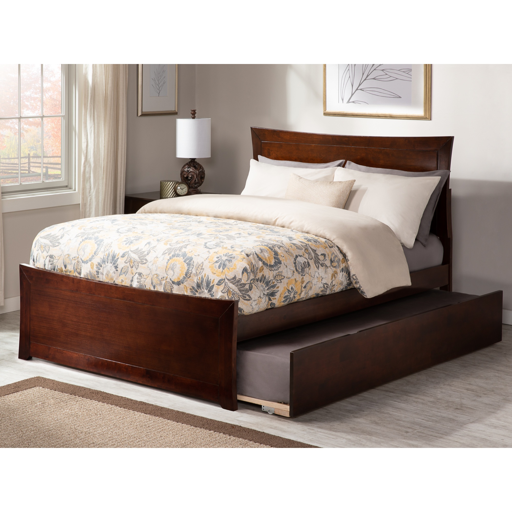 AFI Metro Solid Wood Queen Bed and Footboard with Twin XL Trundle in Walnut